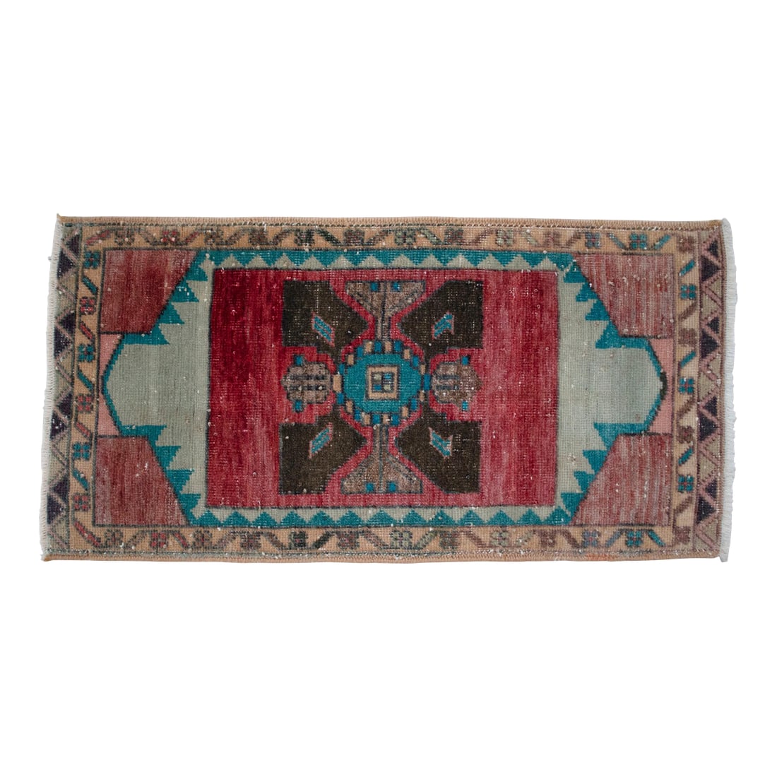 Hand Knotted Mat Small Oushak Rug - 1'4" X 2'7": Vintage Turkish Rug 16x31 Red Teal Small Wool Mat Hand-Knotted Entry Decor This vibrant Konya yastik rug serves as a striking artisanal accent, blending traditional Anatolian soul with a bold,