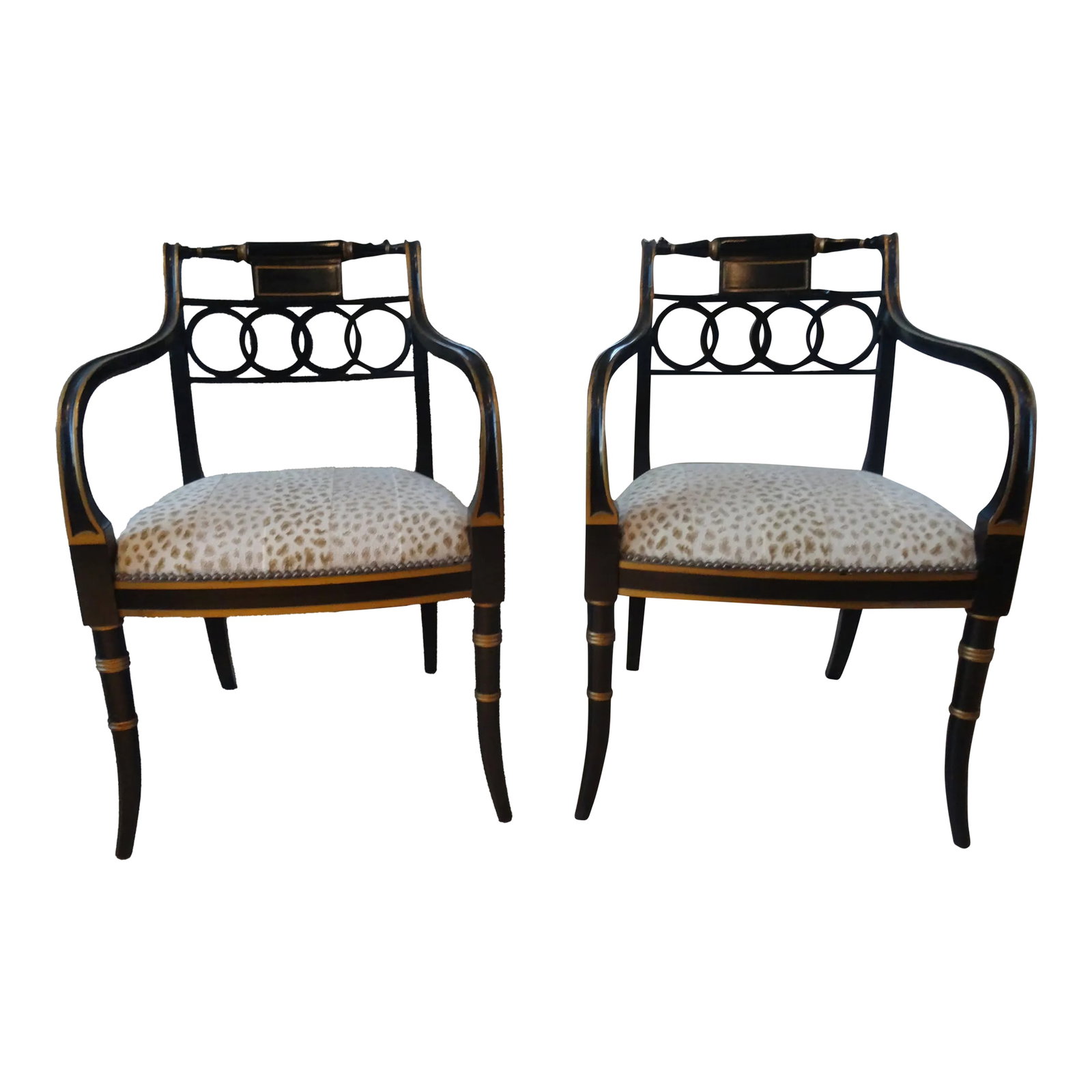 1980s Baker Regency Style Governor Alastor Chairs - Set of 2: A Pair of Baker Governor Alastor Chairs gold painted and ebonized armchairs. The Chairs boast new upholstery with nailhead trim. Bakers Plagues on bottom of chairs. Condition: Alterations: Original