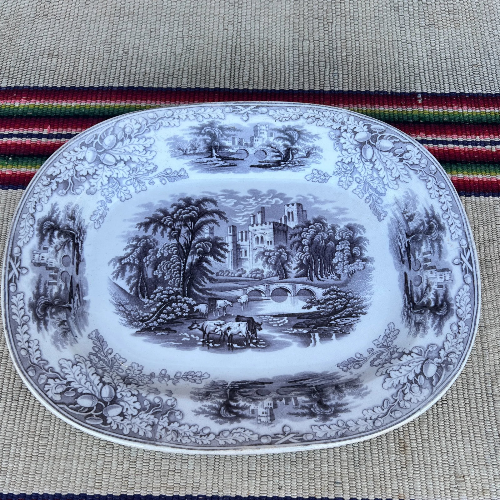 Antique English Staffordshire Mulberry Transfer Decorated Platter "Haddon", Circa 1840s - 11