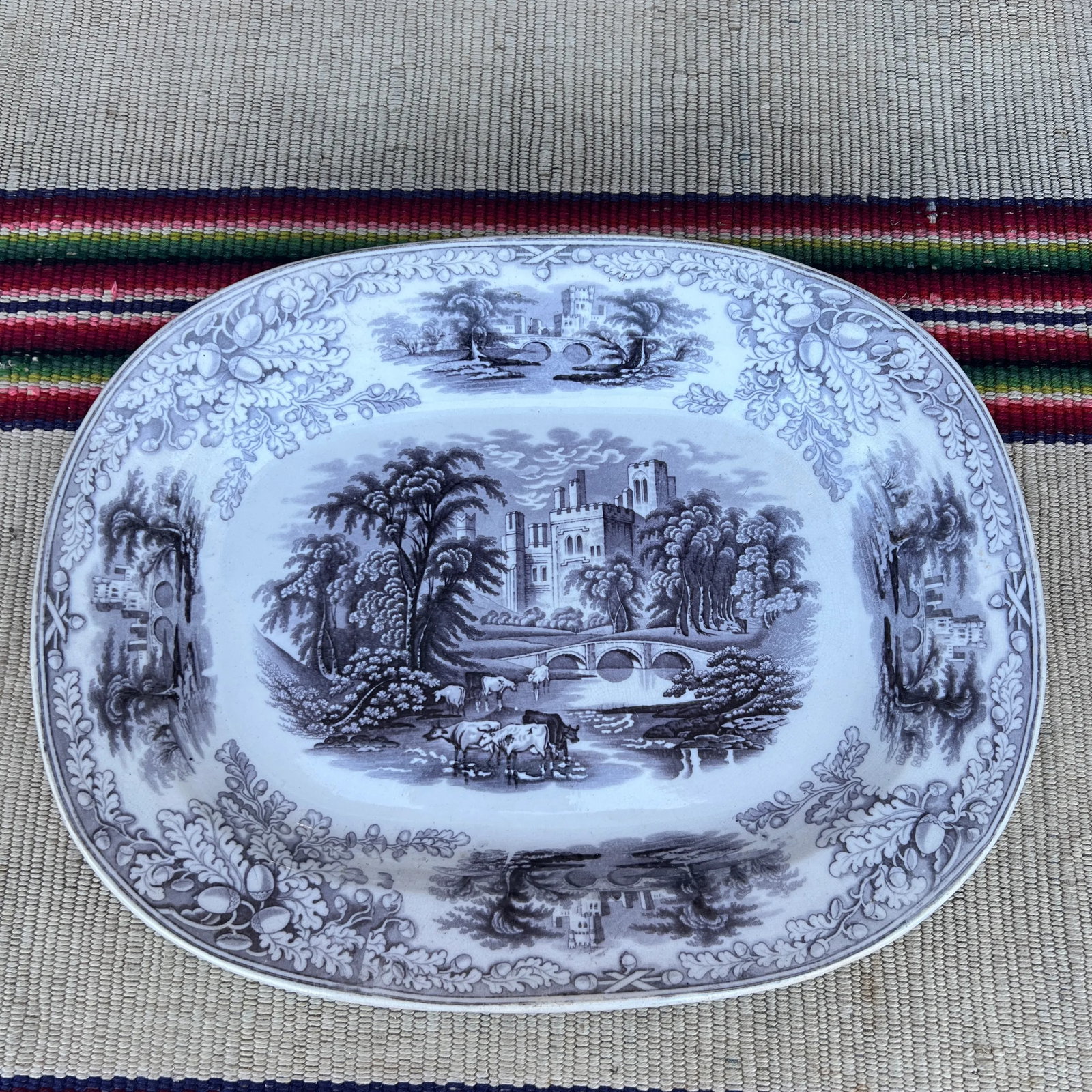 Antique English Staffordshire Mulberry Transfer Decorated Platter "Haddon", Circa 1840s - 12