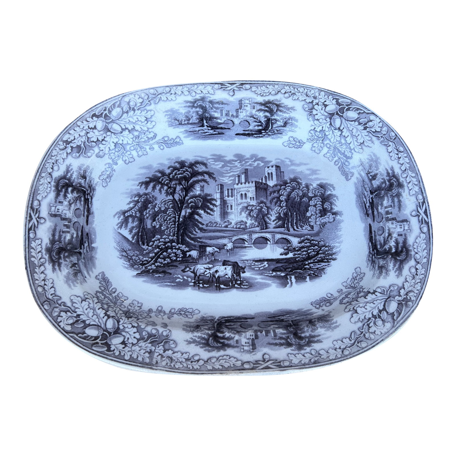 Antique English Staffordshire Mulberry Transfer Decorated Platter "Haddon", Circa 1840s (1 of 12)