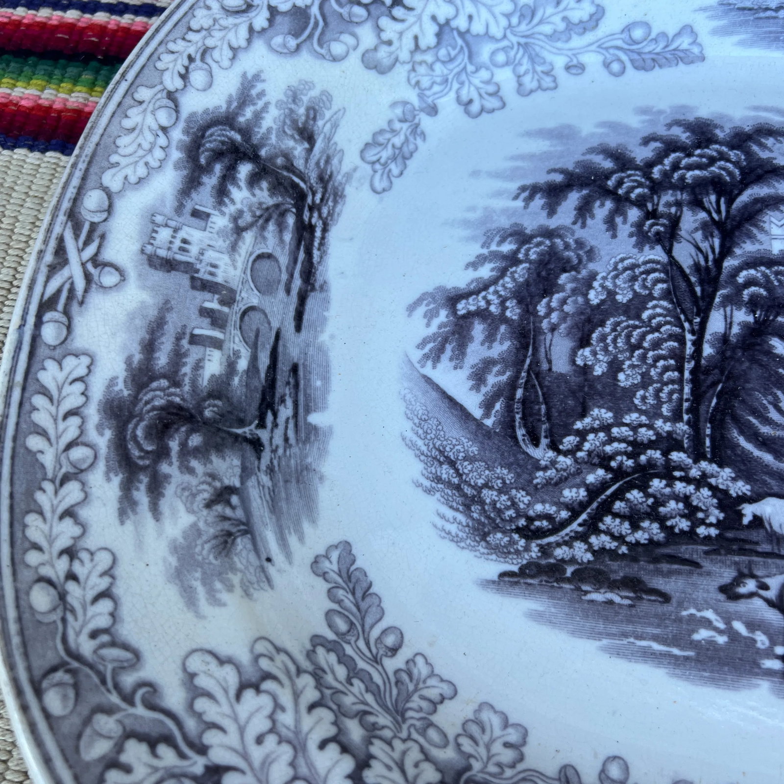 Antique English Staffordshire Mulberry Transfer Decorated Platter "Haddon", Circa 1840s - 2