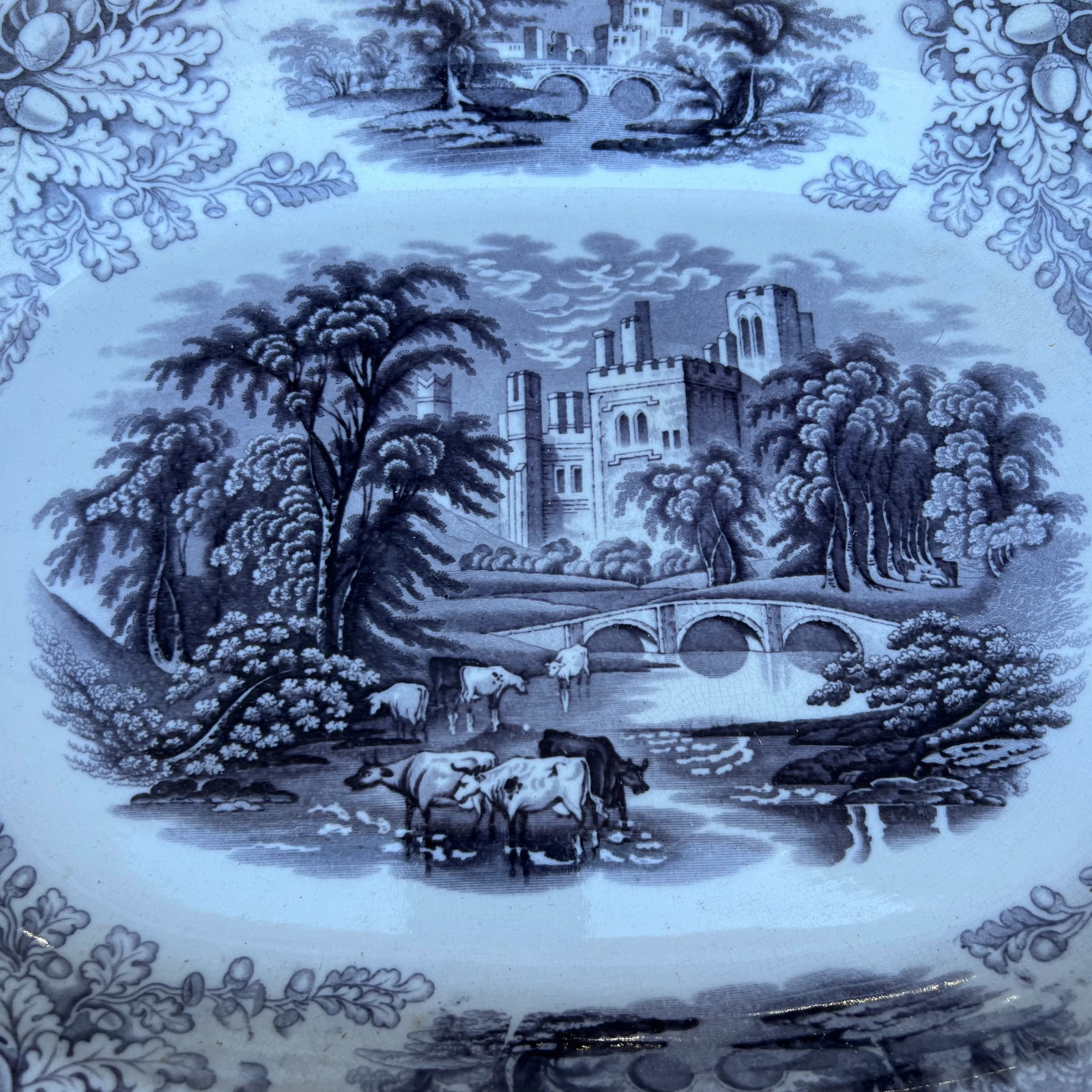 Antique English Staffordshire Mulberry Transfer Decorated Platter "Haddon", Circa 1840s - 3