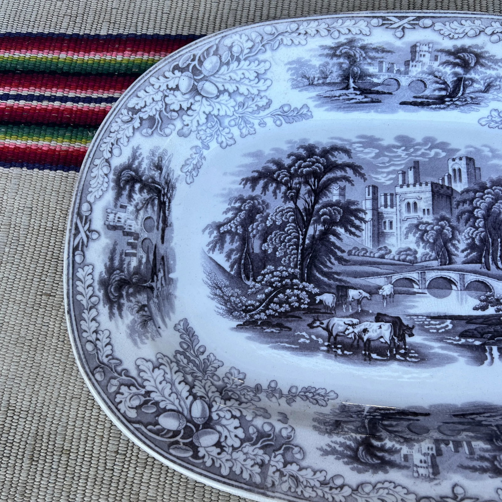 Antique English Staffordshire Mulberry Transfer Decorated Platter "Haddon", Circa 1840s - 6