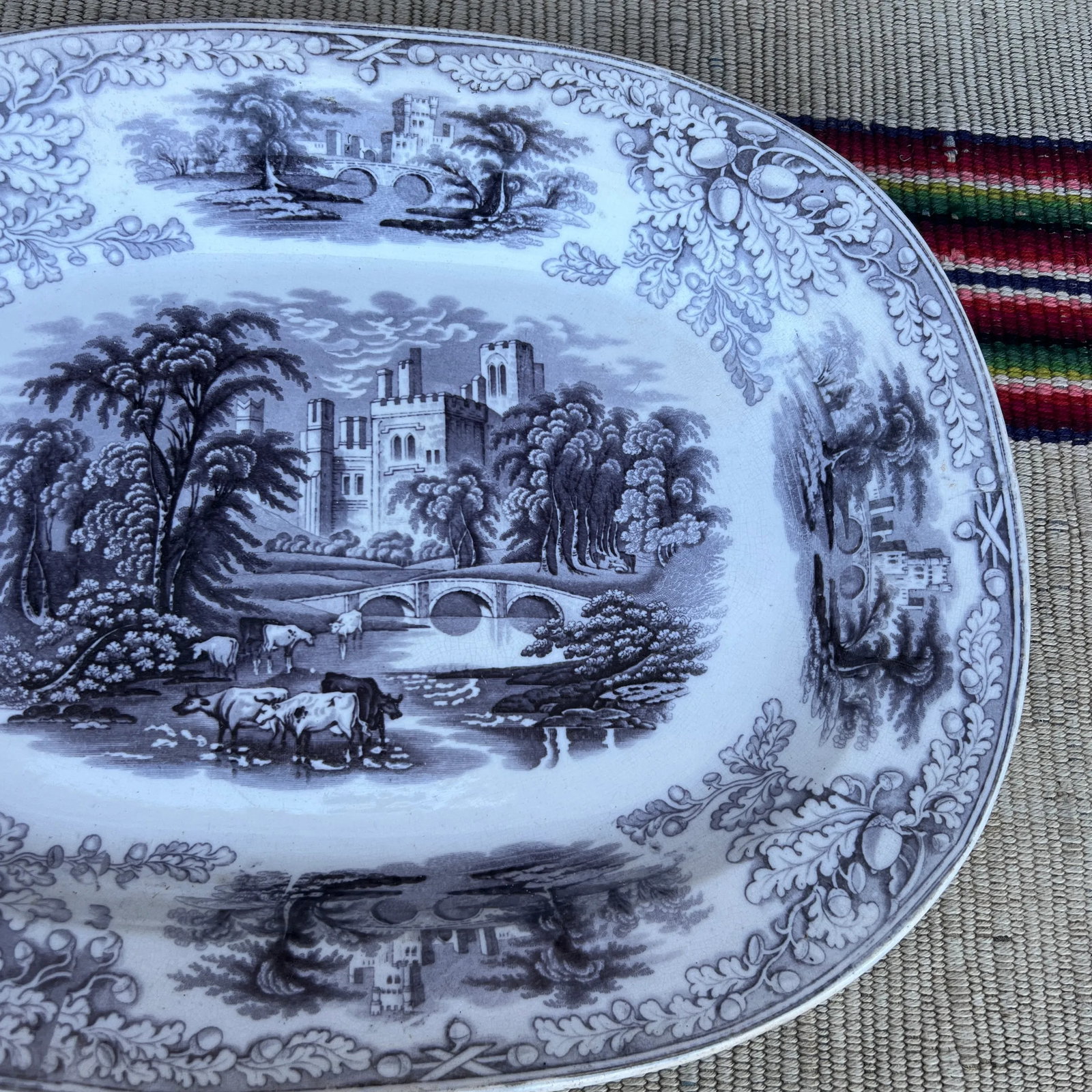 Antique English Staffordshire Mulberry Transfer Decorated Platter "Haddon", Circa 1840s - 7
