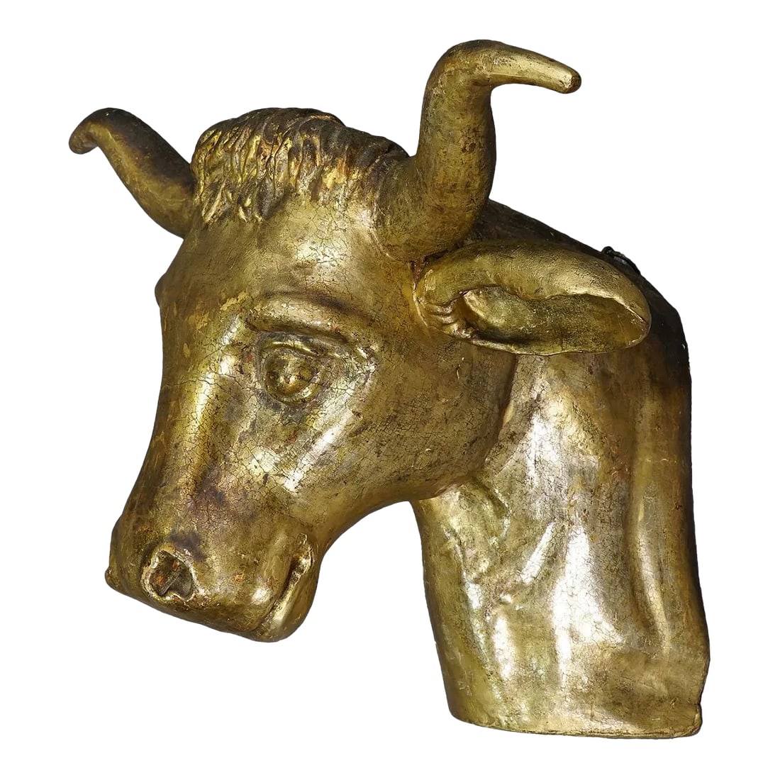 Antique Wooden Carved Gilded Bull's Head Ca. 1840s: Antique Wooden Carved Gilded Bull's Head ca. 1840s An antique wooden carved Black Forest Bull's head, painted with gold. Formerly a shop decoration in a South German butcher's shop. Handcarved ca