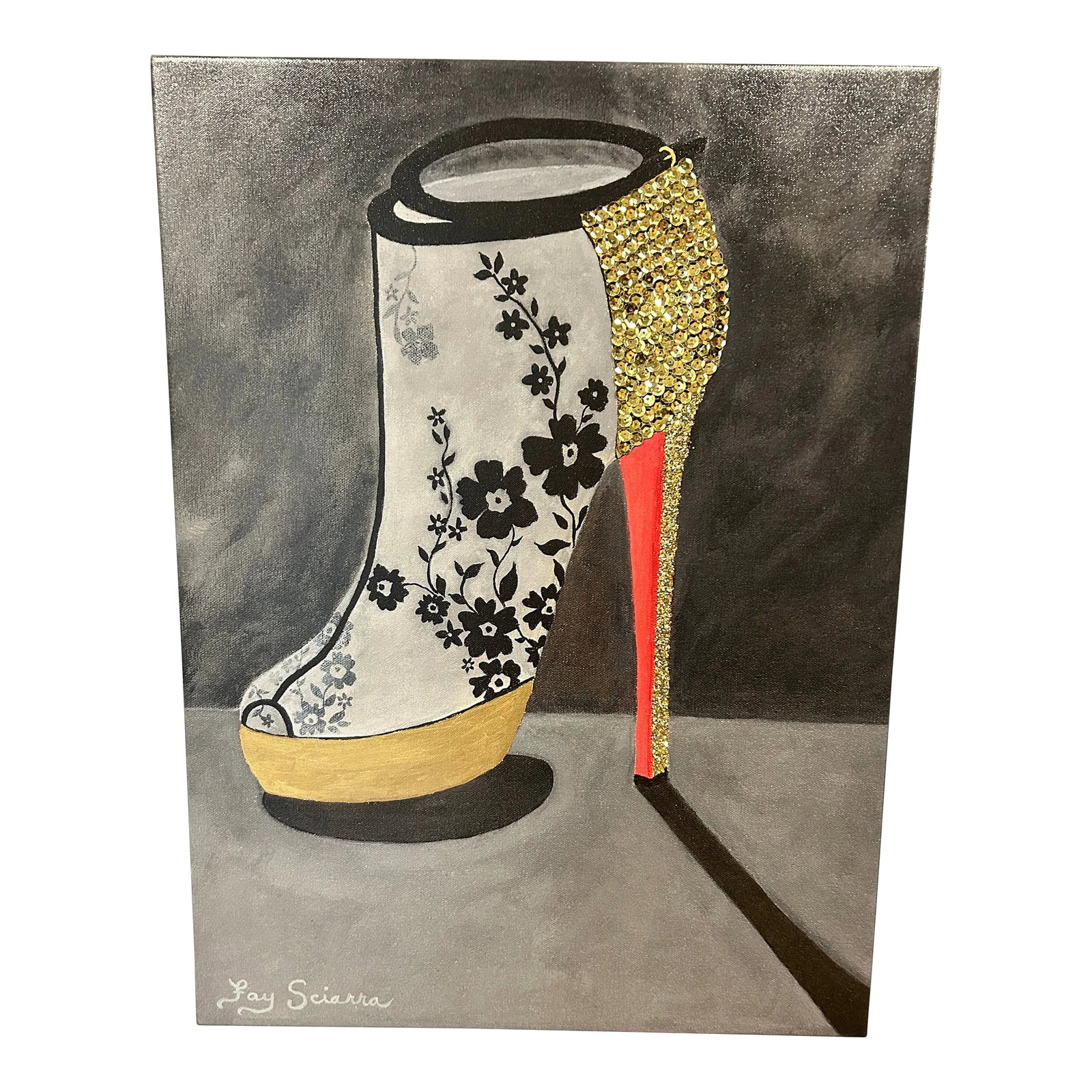 Limited Edition Hand Embellished Giclee Print on Canvas of Louboutin Shoe: Sexy painting of a shoe inspired by one seen on Madison Ave. by Christian Louboutin. Limited edition "giclee" on canvas, hand embellished by artist with paint, gold leaf, sequins and glitter. Signed