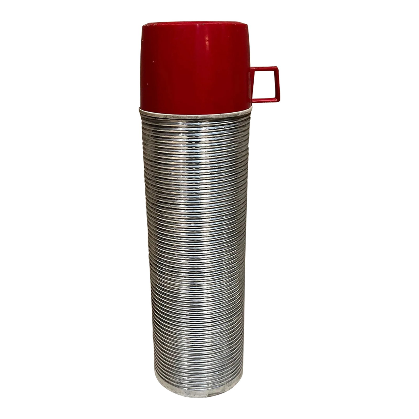 1970s Original Vintage Ribbed Thermos Retro Camp Gear Usa: AMBIANIC presents 1970s Vintage Ribbed Thermos Retro Camp Gear USA Quart size thermos with red cup. Stamped. Insulated. 13.25 tall x 3.75 diameter Cup 2.5 tall x 3.75 diameter x 4.75 d Original
