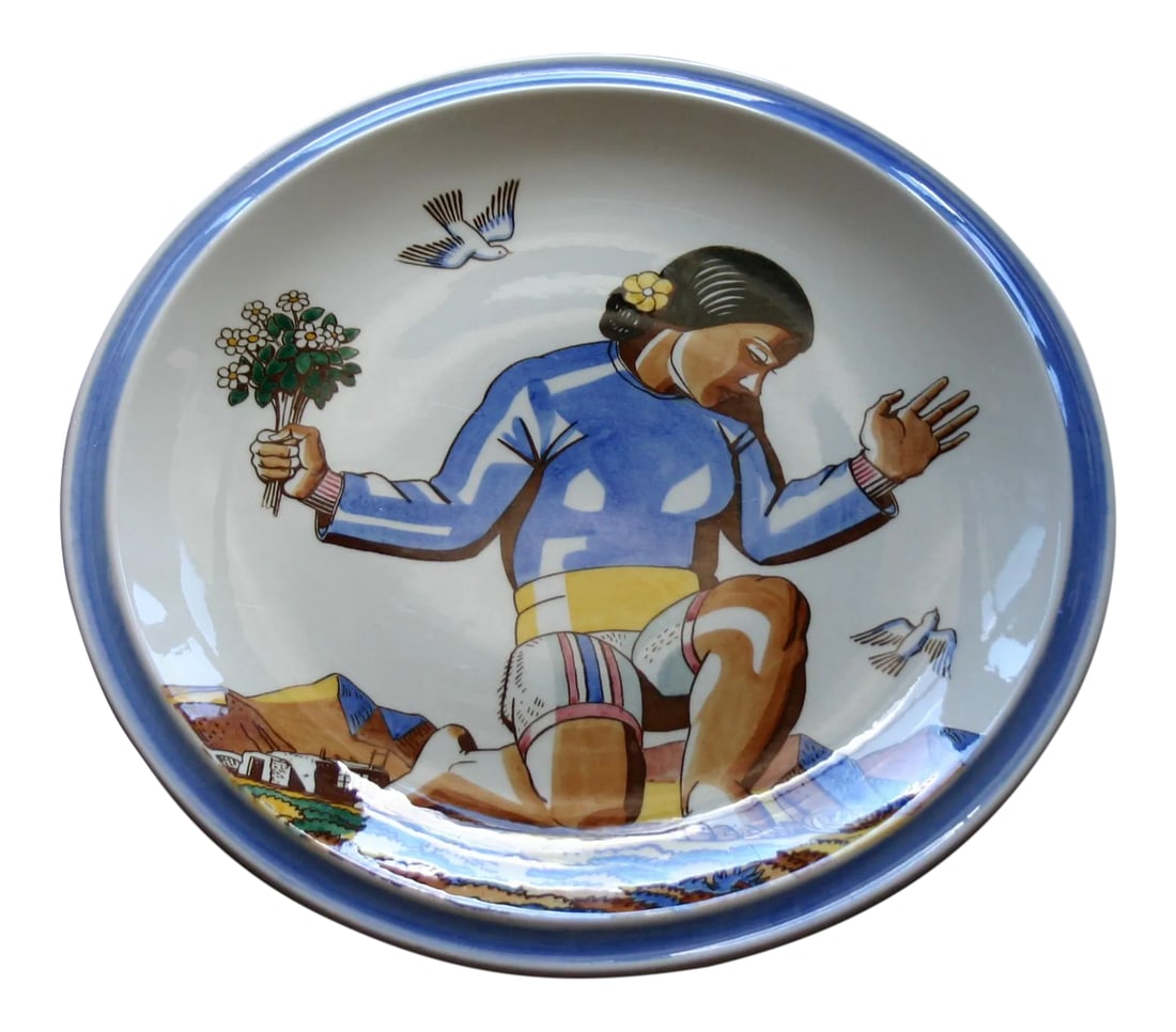 Rockwell Kent "Salamina" Chop Plate: A wonderful and large "Salamina" chop plate. This design was made for Vernon Kilns by Rockwell Kent in the 1930s. The plate measures 16.5" in diameter and is in perfect condition. No chips, crazing,