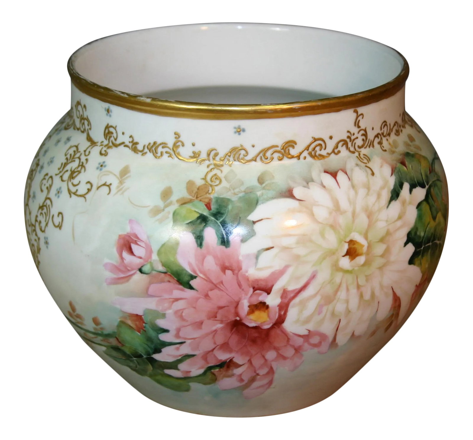 Antique Jean Pouyat Petler (Jpl) Hand Painted Jardiniere (1905): A gorgeous hand painted floral jardiniere by Jean Pouyat Petler (JPL), France. The colors on the flowers are bright and brilliant and the gold accents are raised. The pot measures 10" across, with