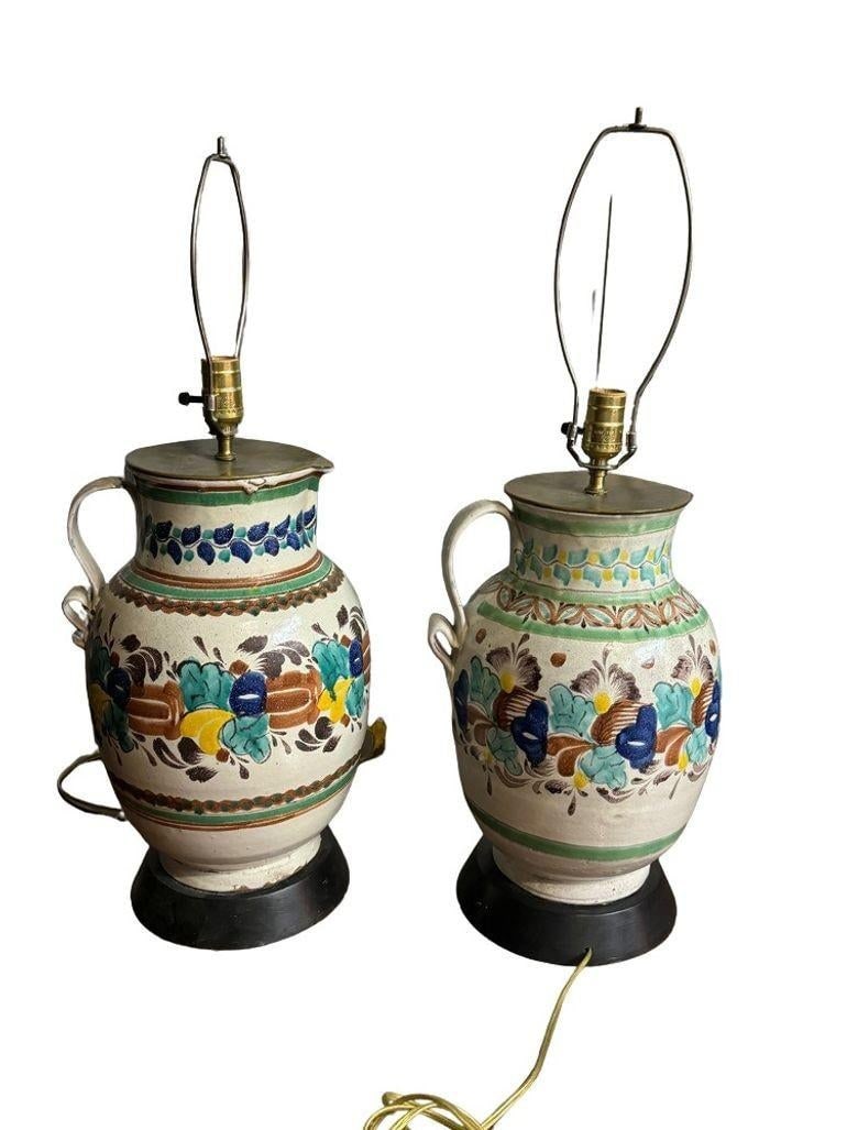 Vintage 1960s Colorful Mexican Pitcher Table Lamps - Set of 2 - 7