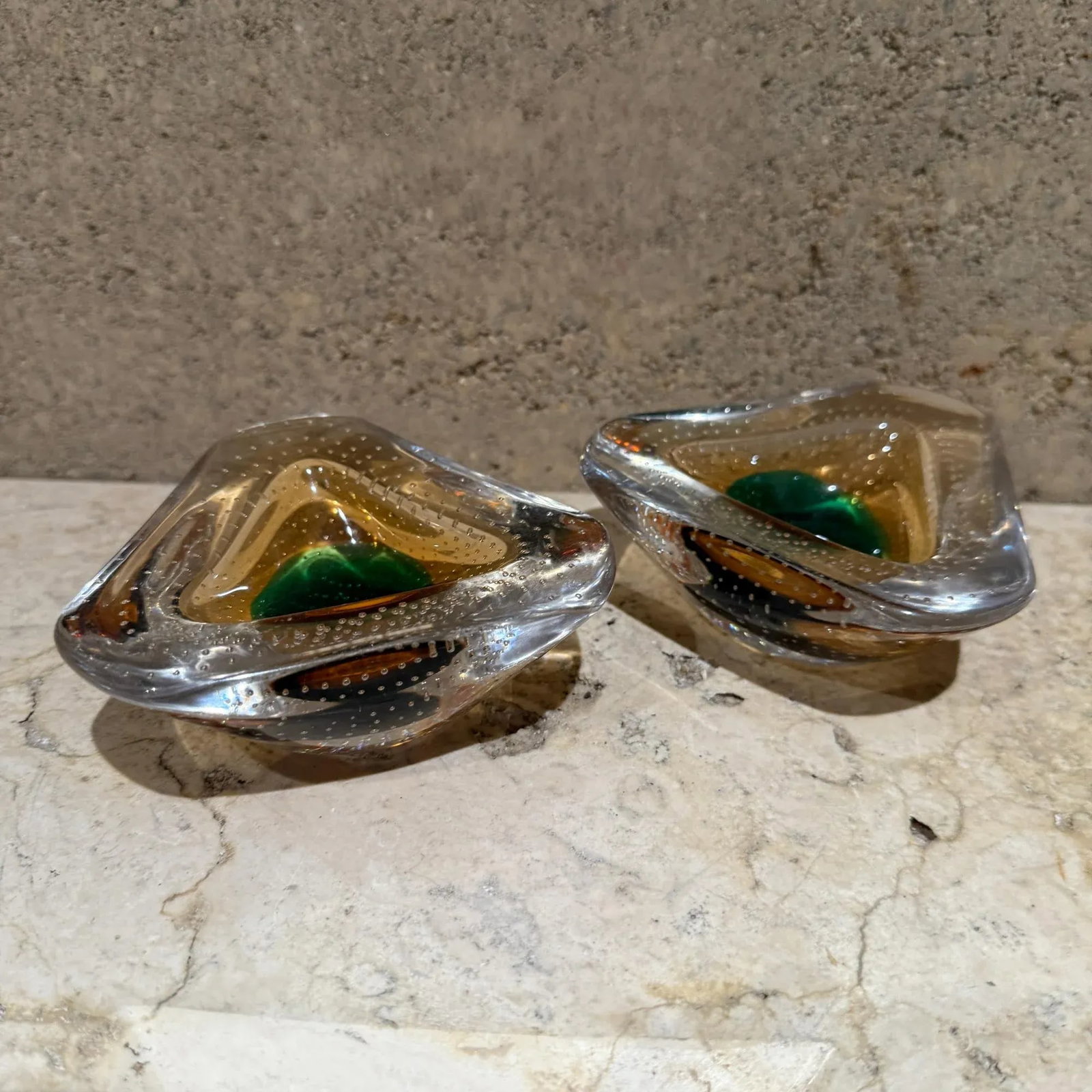 1950s Murano Art Glass Ashtray Pair Controlled Bubble Italy - 12