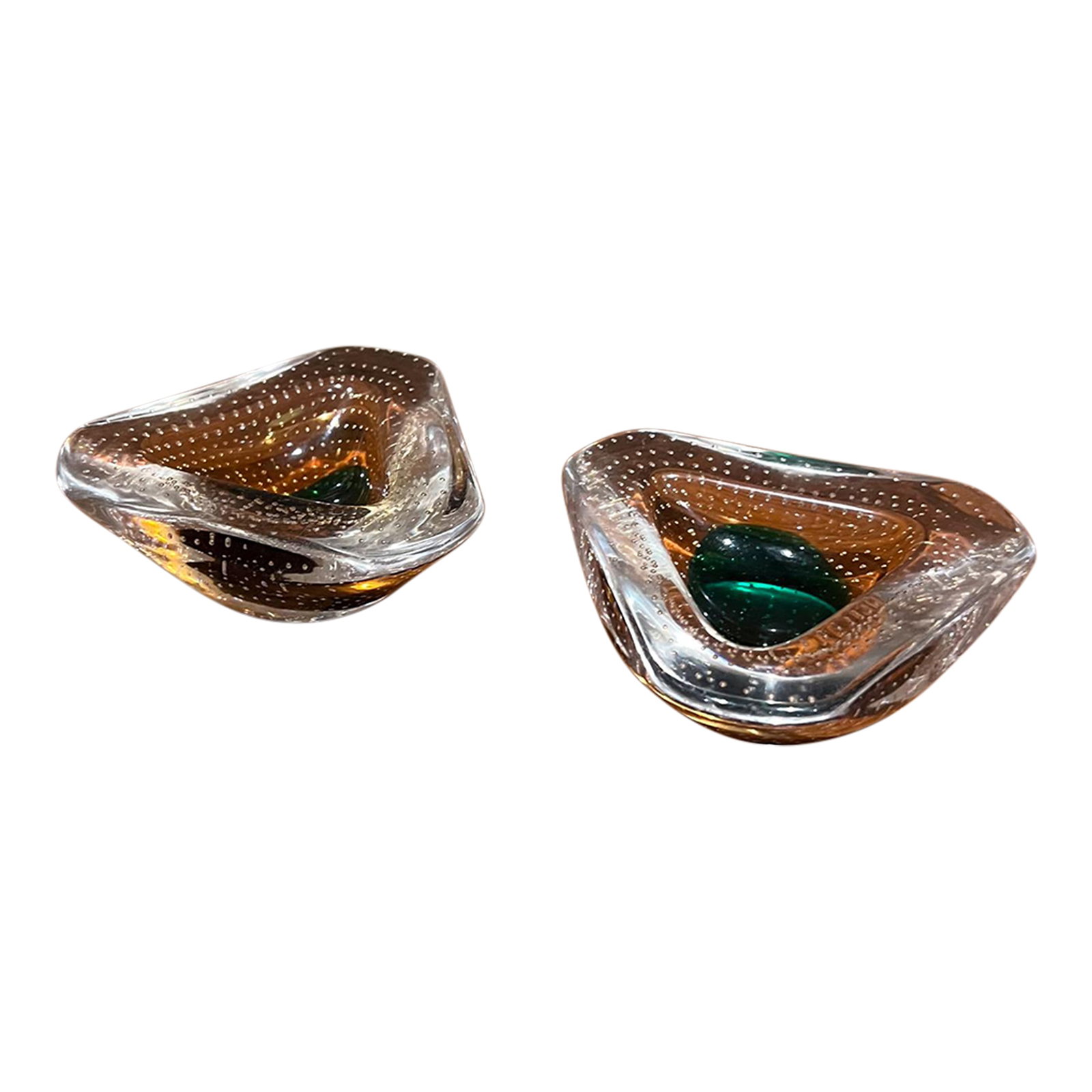 1950s Murano Art Glass Ashtray Pair Controlled Bubble Italy: For your consideration, a pair (set of two.) of murano art glass bowls ashtray trinket. Controlled bubble Made in Italy, circa the 1950s Dimensions: 2 H x 4.75 W x 4.75 D Please visit take a look at