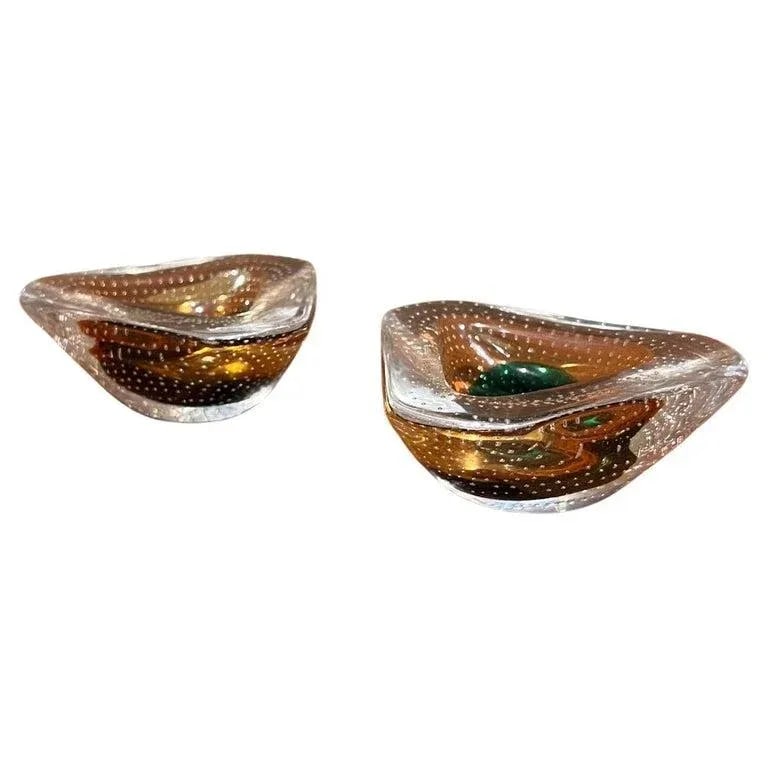 1950s Murano Art Glass Ashtray Pair Controlled Bubble Italy - 5