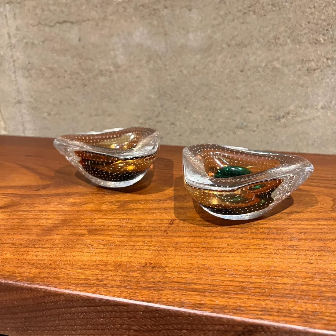 1950s Murano Art Glass Ashtray Pair Controlled Bubble Italy - 7