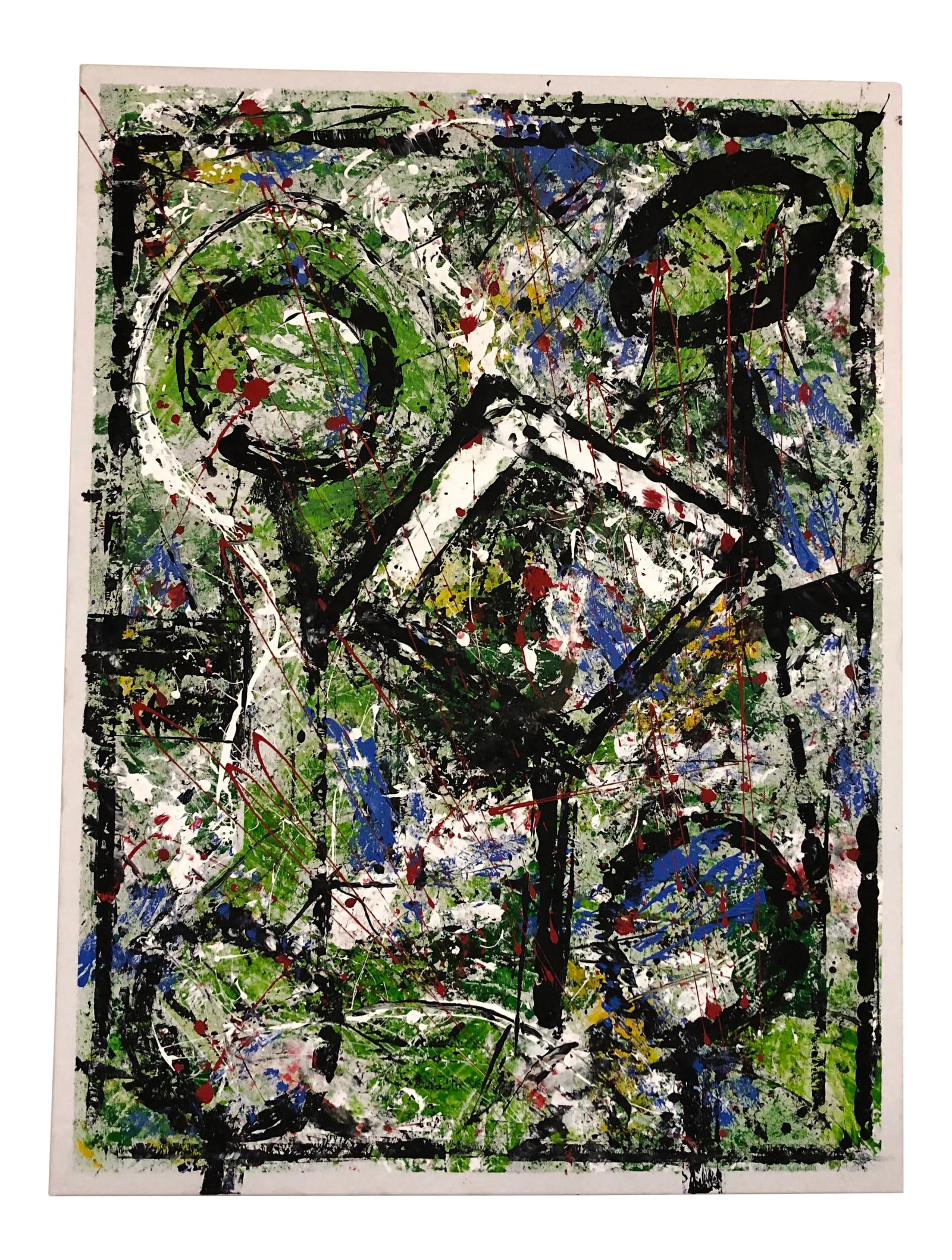 Original Abstract Painting - Acrylic on Canvas: Abstract acrylic on canvas with colors of orange, blue, black white and brown, titled "Mean Lollipops". Painted to be hanged vertically but one could also hang horizontally if one wished. Signed on