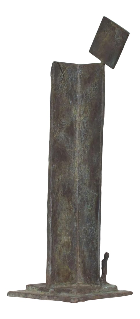 1970s Bronze Sculpture Architectural Monument and Figure: AMBIANIC presents 1970s Sculpture architectural form in bronze 17 h x 5.5 w x 6.75 Original unrestored preowned vintage condition. Refer to images. Condition: Alterations: Original Condition