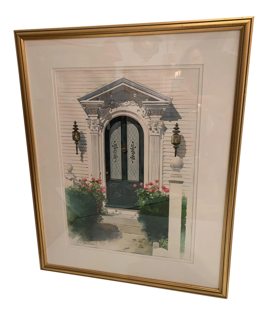 Framed Original Watercolor of Nantucket Doorway: A charming Vermont or Nantuckety doorway rendered beautifully in watercolor by artist Jean McQuillan. Signed and nicely framed. Condition: Alterations: Original Condition Unaltered Imperfections: