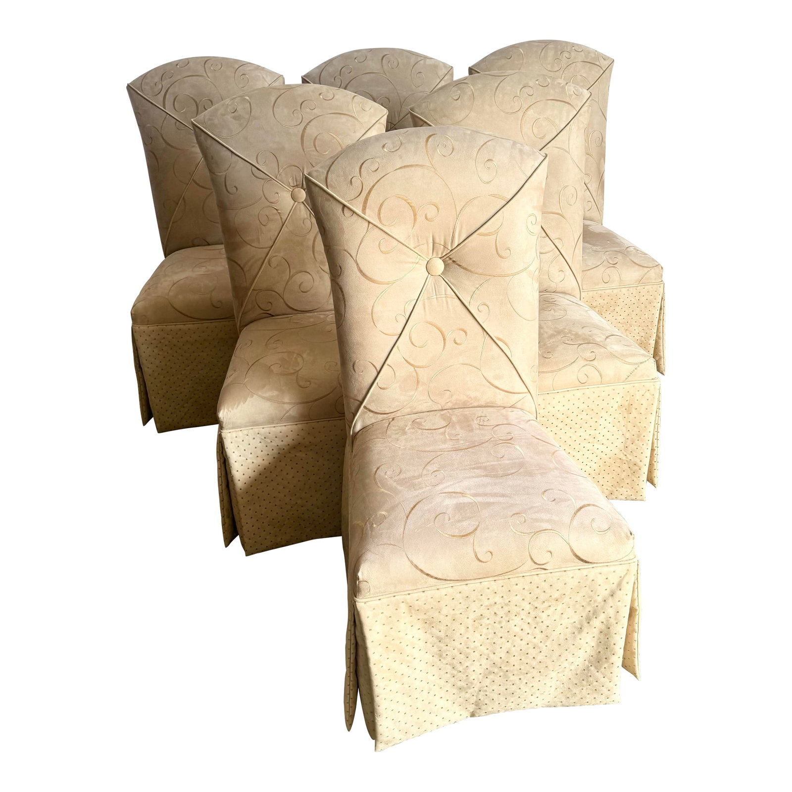 Regency Tan and Gold Fabric Skirted Dining Chairs - Set of 6: Add timeless elegance to your dining space with this set of six Regency-style skirted dining chairs. Upholstered in a luxurious tan and gold fabric, these chairs feature a subtle swirling pattern and