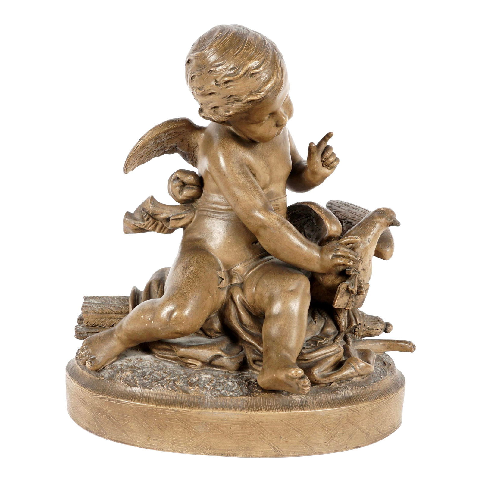 French Terracotta Figural Group of Cherub With Dove: 19th Century French Terracotta Figural Group of Cherub With Dove. Winged cherub is in sitting position with delicate features and a serene expression. Cherubs arms are outstretched to a dove, a