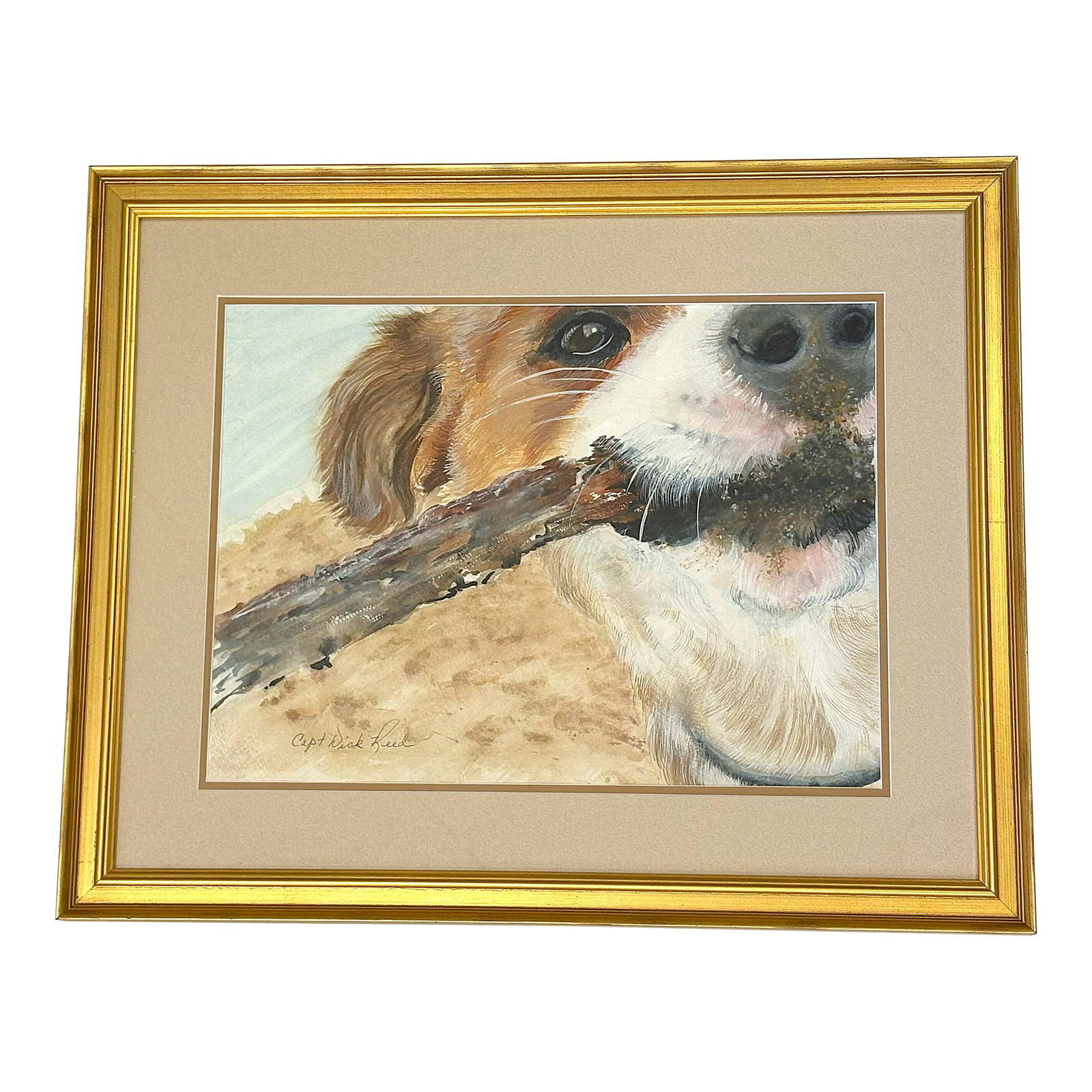 Framed Signed Original Watercolor Portrait of a Playful Terrier at the Beach by Capt Wick Reed: Adorable original watercolor dog portrait on paper. It depicts a playful terrier at the beach with a glint of joy in his eye. It is signed in the bottom left corner 'Capt Wick Reed.' The watercolor