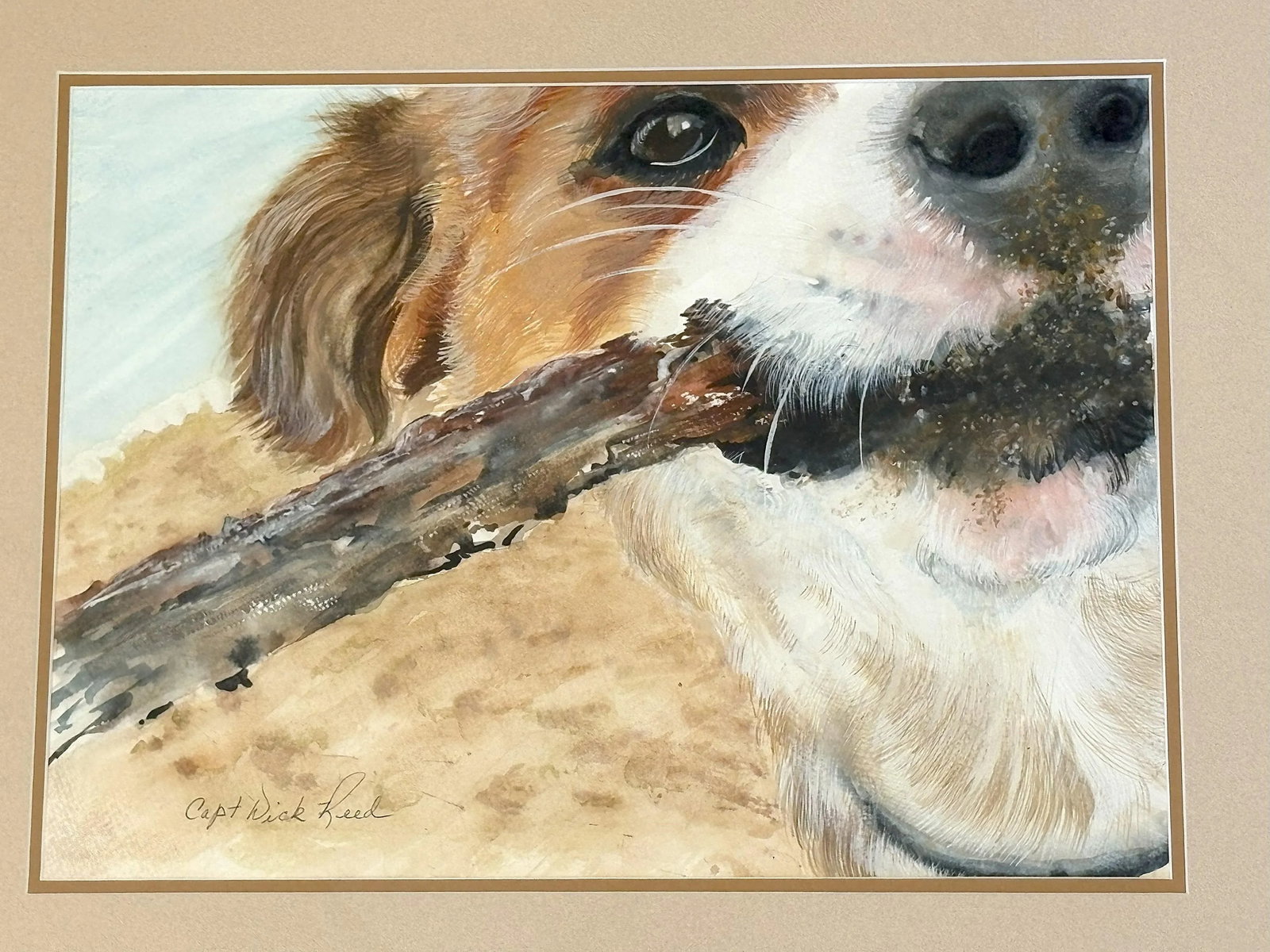 Framed Signed Original Watercolor Portrait of a Playful Terrier at the Beach by Capt Wick Reed - 2