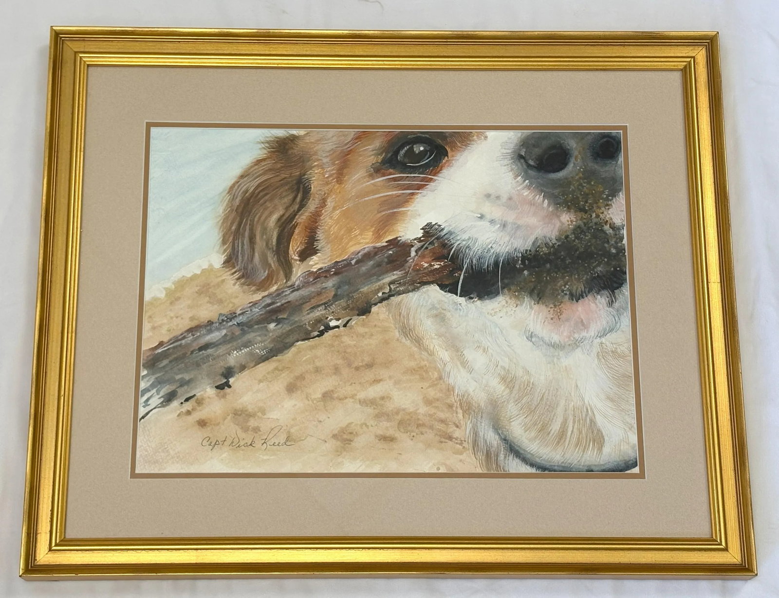 Framed Signed Original Watercolor Portrait of a Playful Terrier at the Beach by Capt Wick Reed - 3