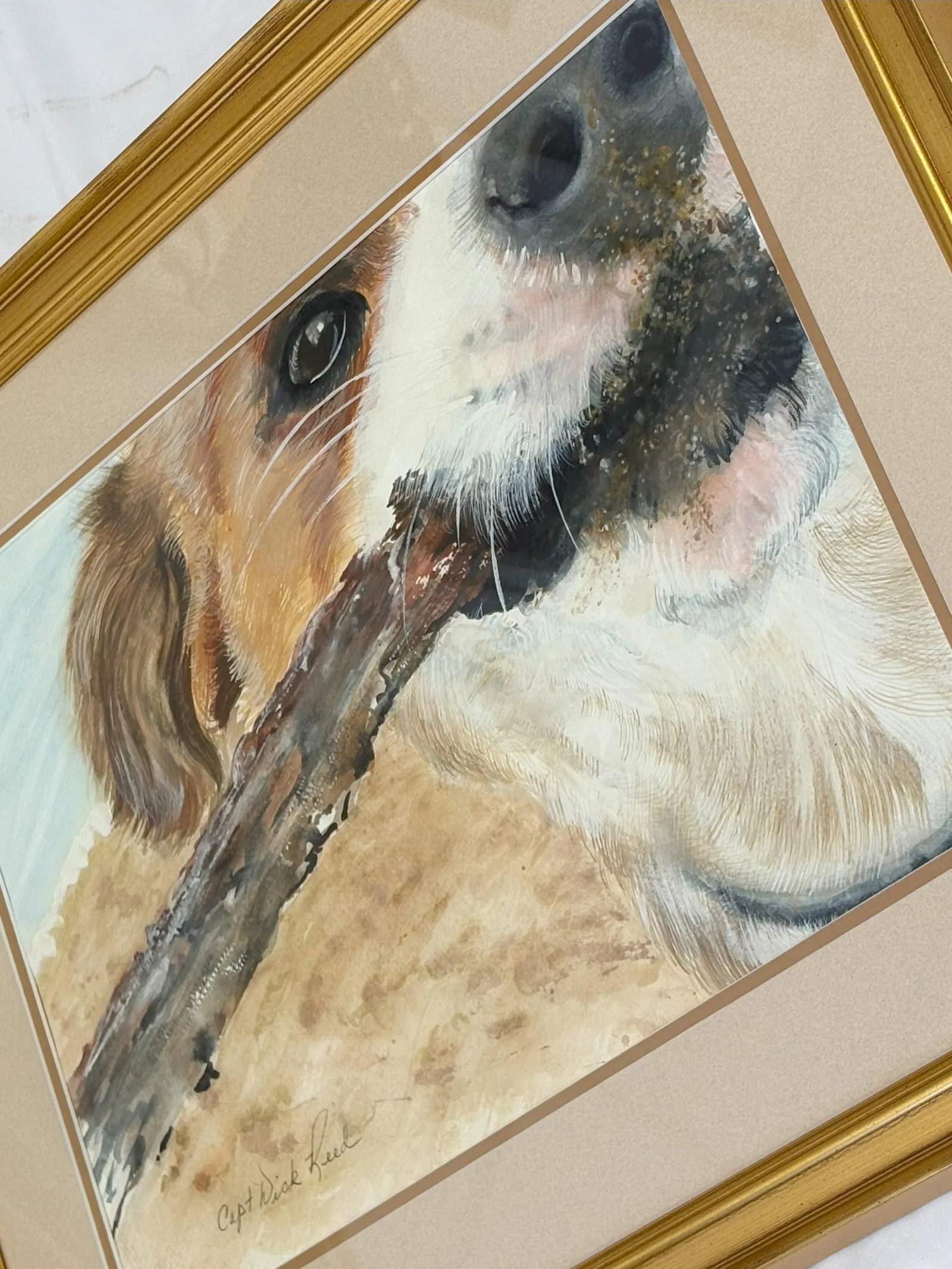Framed Signed Original Watercolor Portrait of a Playful Terrier at the Beach by Capt Wick Reed - 8