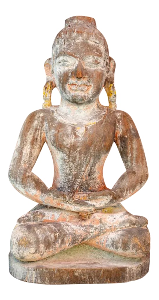 Hill Tribe Antique Padmasana Buddha: Found in Laos, its a carved wooden Buddha seated cross legged in a meditative position. This antique Buddha features a beautifully carved serene expression with long pendulous earlobes. The statue
