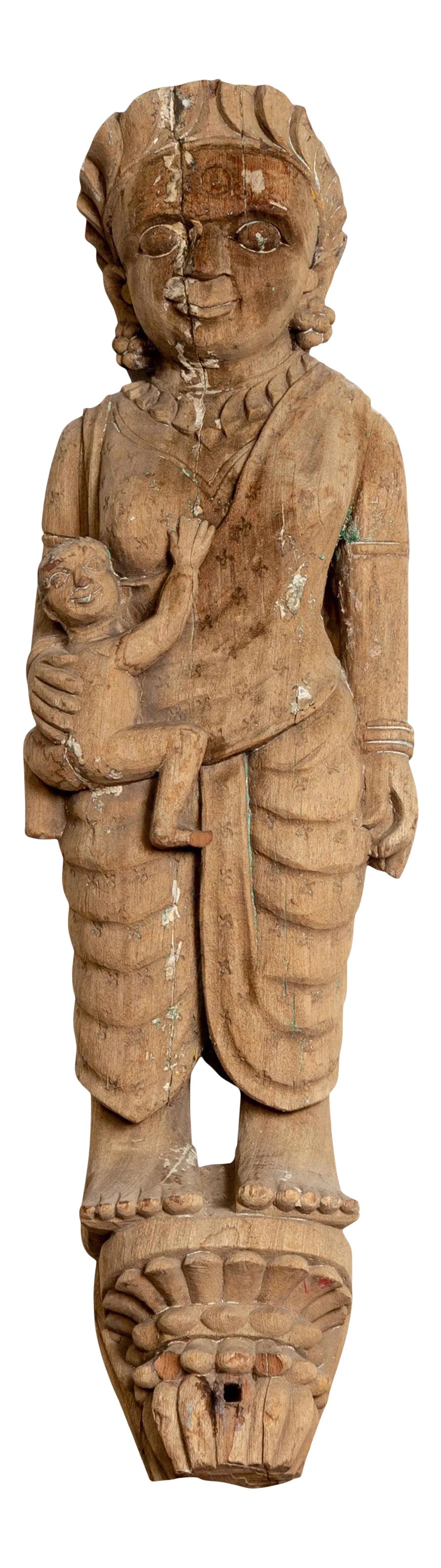 Hand Carved Indian Temple Carving Statue from Gujarat Depicting Mother and Child: An Indian early 20th century hand carved architectural temple carving from Gujarat, depicting a mother and her child with nicely weathered patina. Born in the Western portion of India in the state of