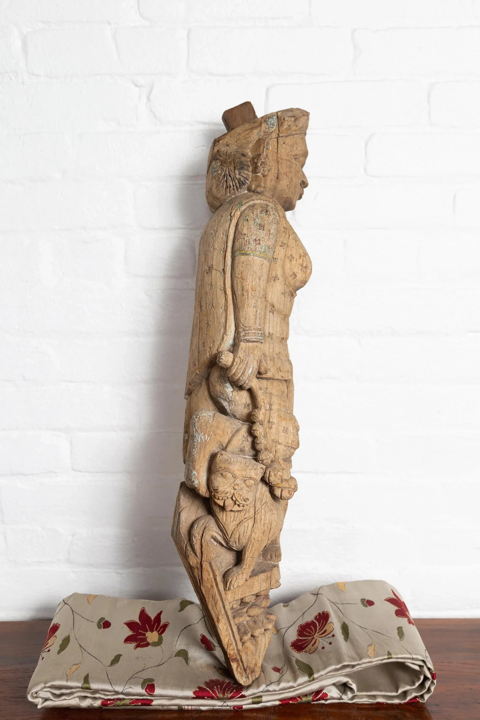 Indian Gujarat Hand Carved Temple Carving Statue Depicting a Woman and a Feline - 12