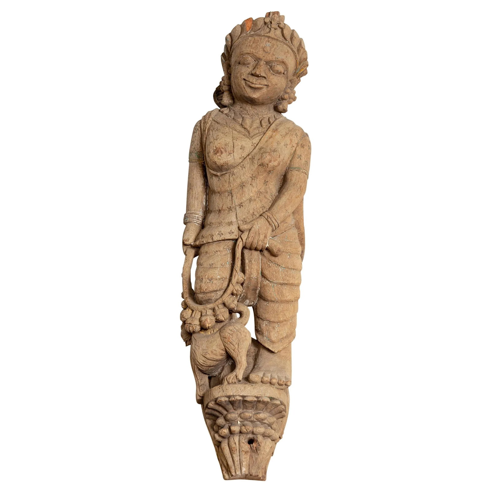 Indian Gujarat Hand Carved Temple Carving Statue Depicting a Woman and a Feline - 13