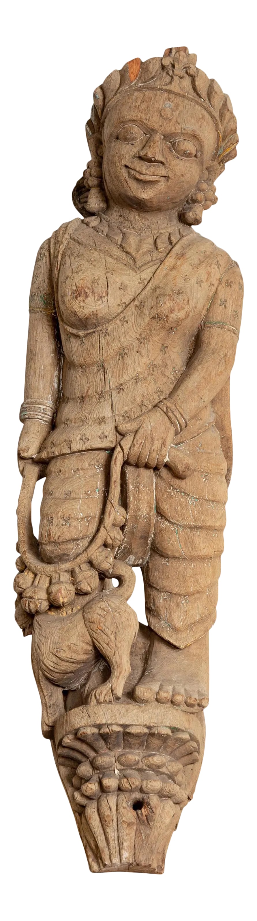 Indian Gujarat Hand Carved Temple Carving Statue Depicting a Woman and a Feline: An Indian early 20th century hand carved architectural temple carving from Gujarat, depicting a woman and a feline. Born in the Western portion of India in the state of Gujarat, this exquisite hand