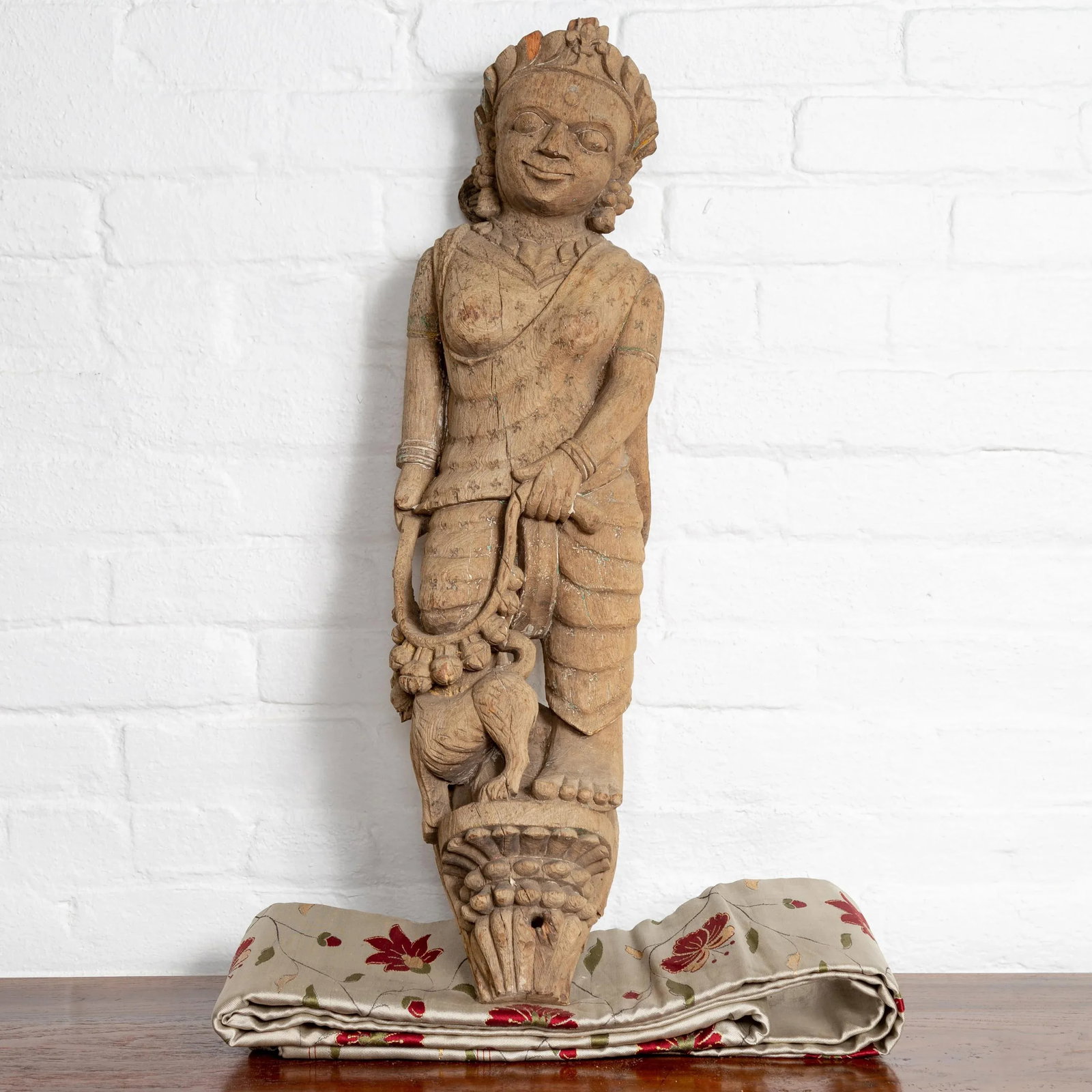 Indian Gujarat Hand Carved Temple Carving Statue Depicting a Woman and a Feline - 2