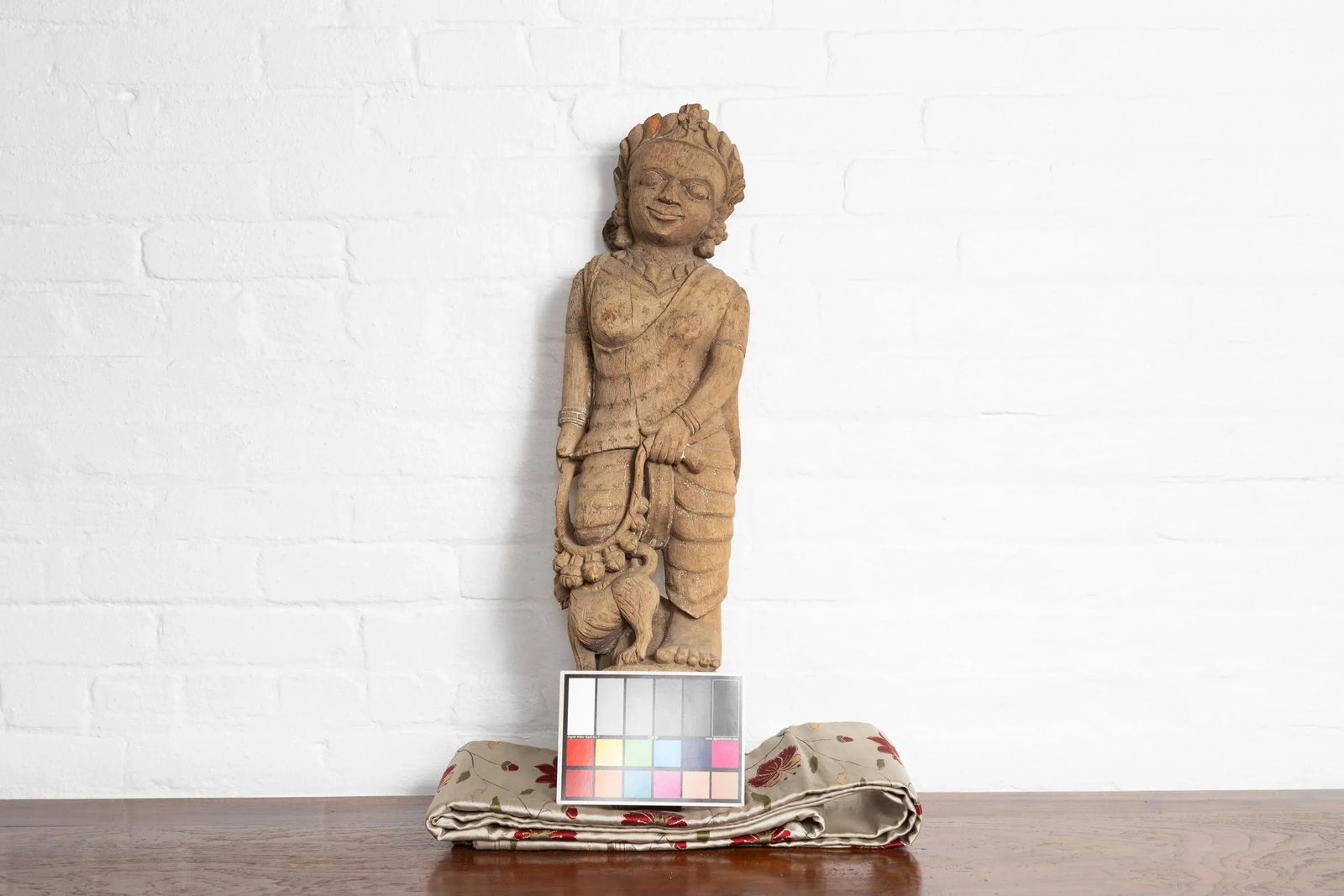 Indian Gujarat Hand Carved Temple Carving Statue Depicting a Woman and a Feline - 5