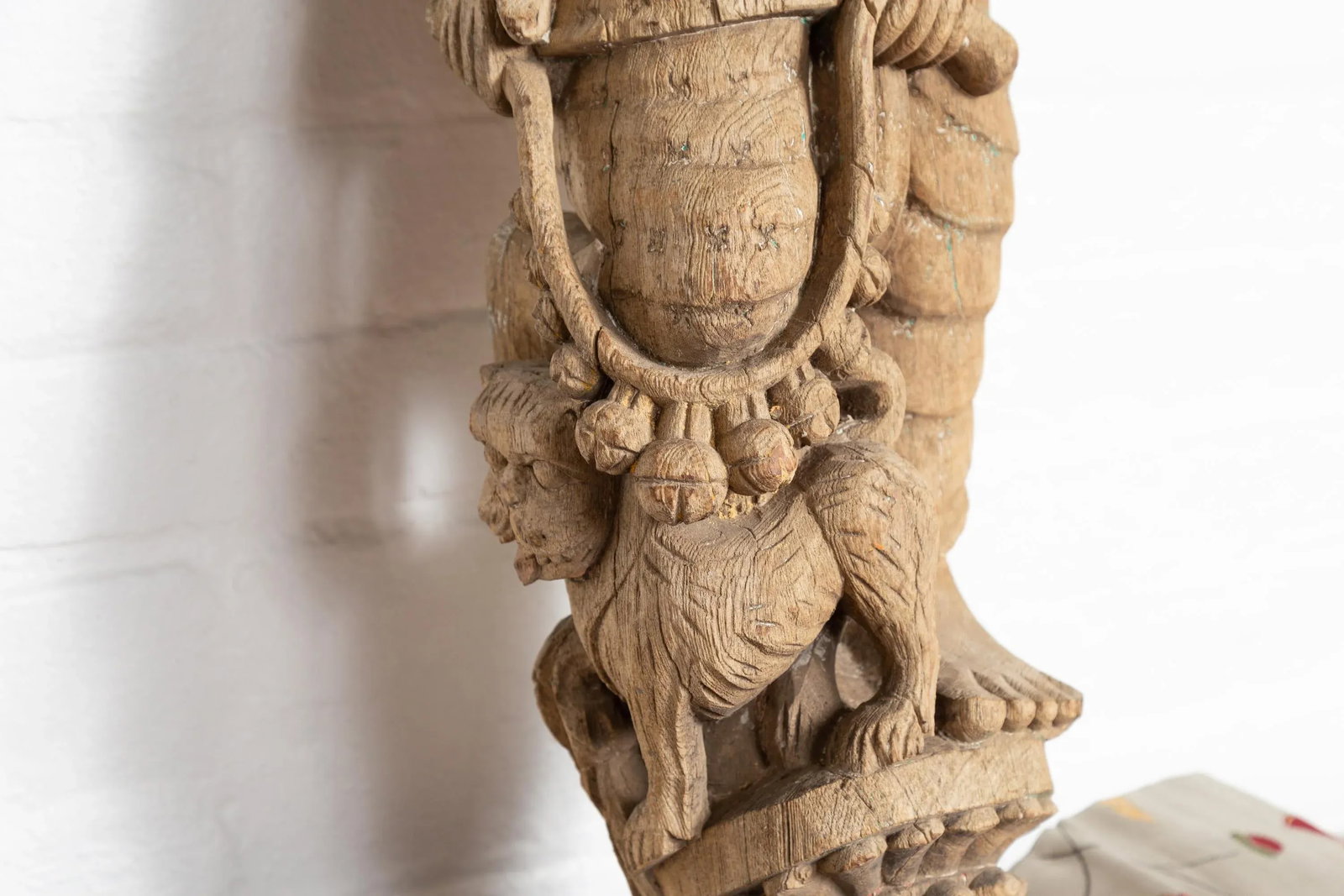 Indian Gujarat Hand Carved Temple Carving Statue Depicting a Woman and a Feline - 8
