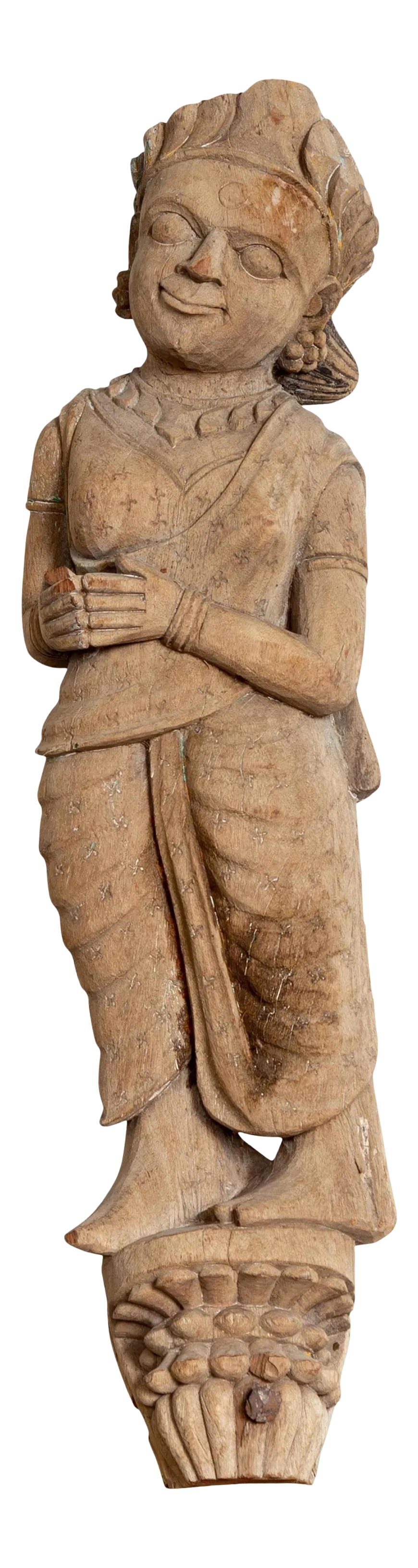Antique Indian Gujarat Hand Carved Temple Carving Statue Depicting a Woman: An antique Indian early 20th century hand carved architectural temple carving from Gujarat, depicting a smiling woman. Born in the Western portion of India in the state of Gujarat, this exquisite