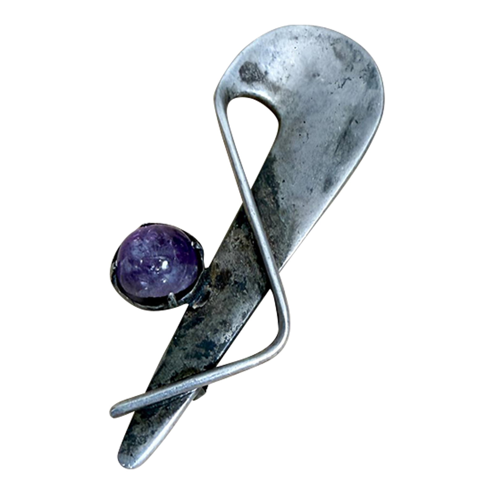 1970s Miguel Melendez Modernist Sterling Silver Amethyst Brooch: AMBIANIC presents 1970s Sculptural Sterling Silver Amethyst Brooch Pin Mexican Modernist Taxco Mexico Stamp present by Miguel Melendez of Los Castillo and Margot designs. 2.38 W x .75 tall x .38 D