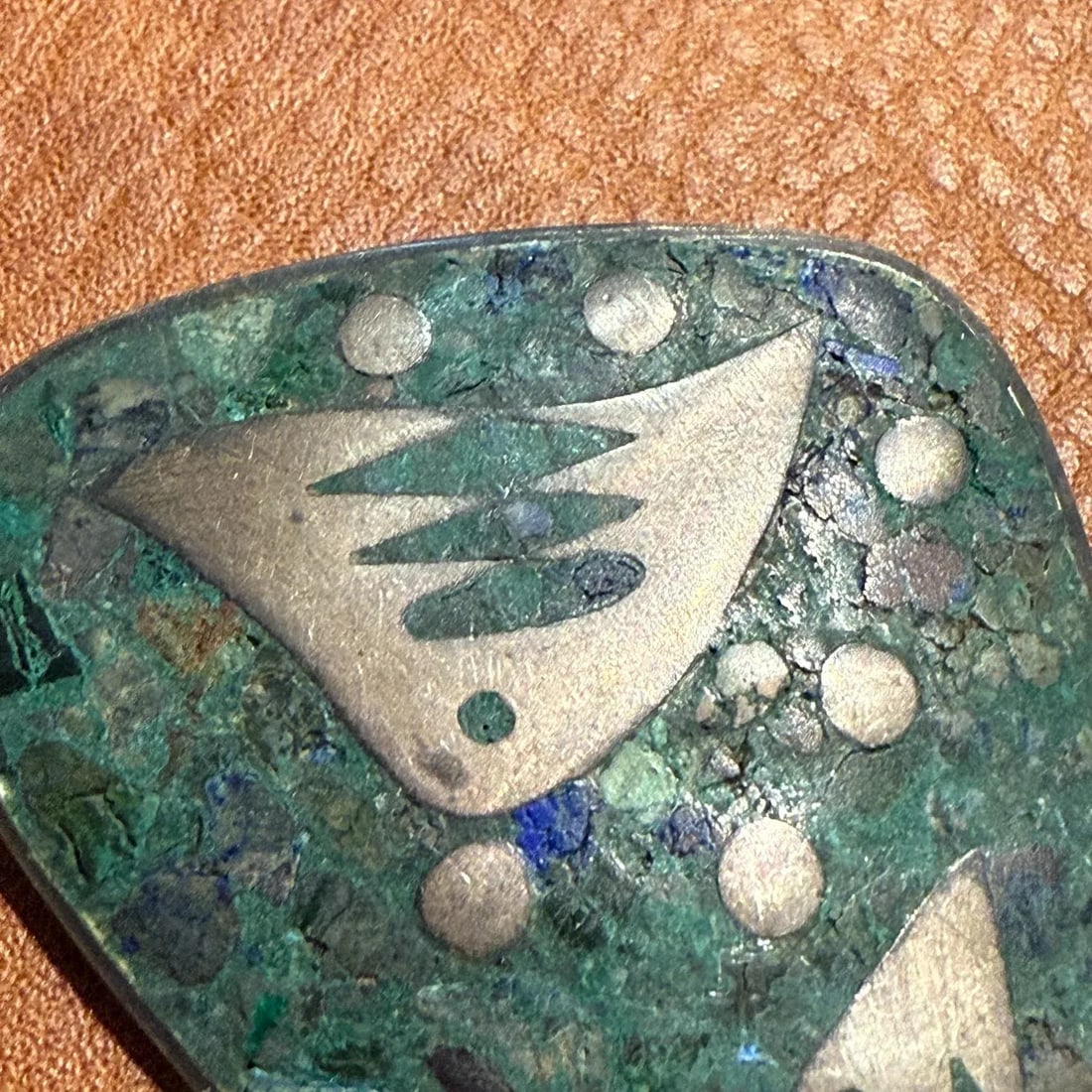 1960s Taxco Mexico Abstract Fish Malachite Sterling Silver Pin - 10