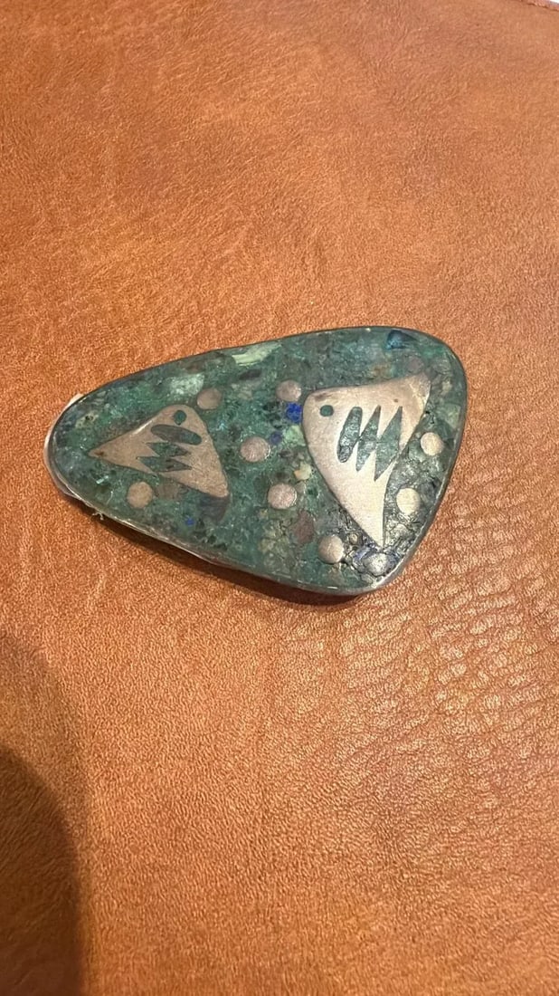 1960s Taxco Mexico Abstract Fish Malachite Sterling Silver Pin - 7