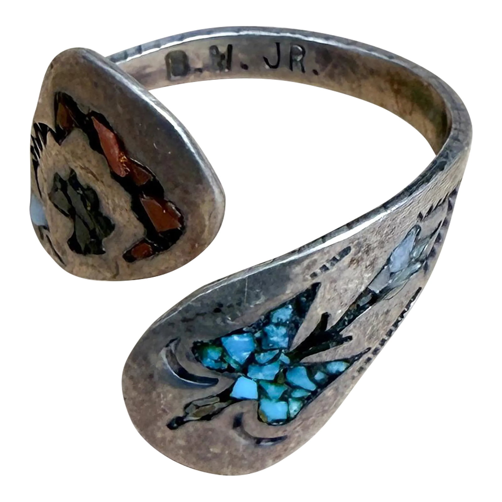 1960s Stone Inlay Silver Wrap Ring Bryant Waatsa Jr Native Zuni: AMBIANIC presents Sculptural Sterling Silver Inlay Wrap Ring design features turquoise, onyx, quartz & coral. stamped B W JR Native American silversmith Bryant Waatsa Jr 1 d x .88 w/diameter size 10 1