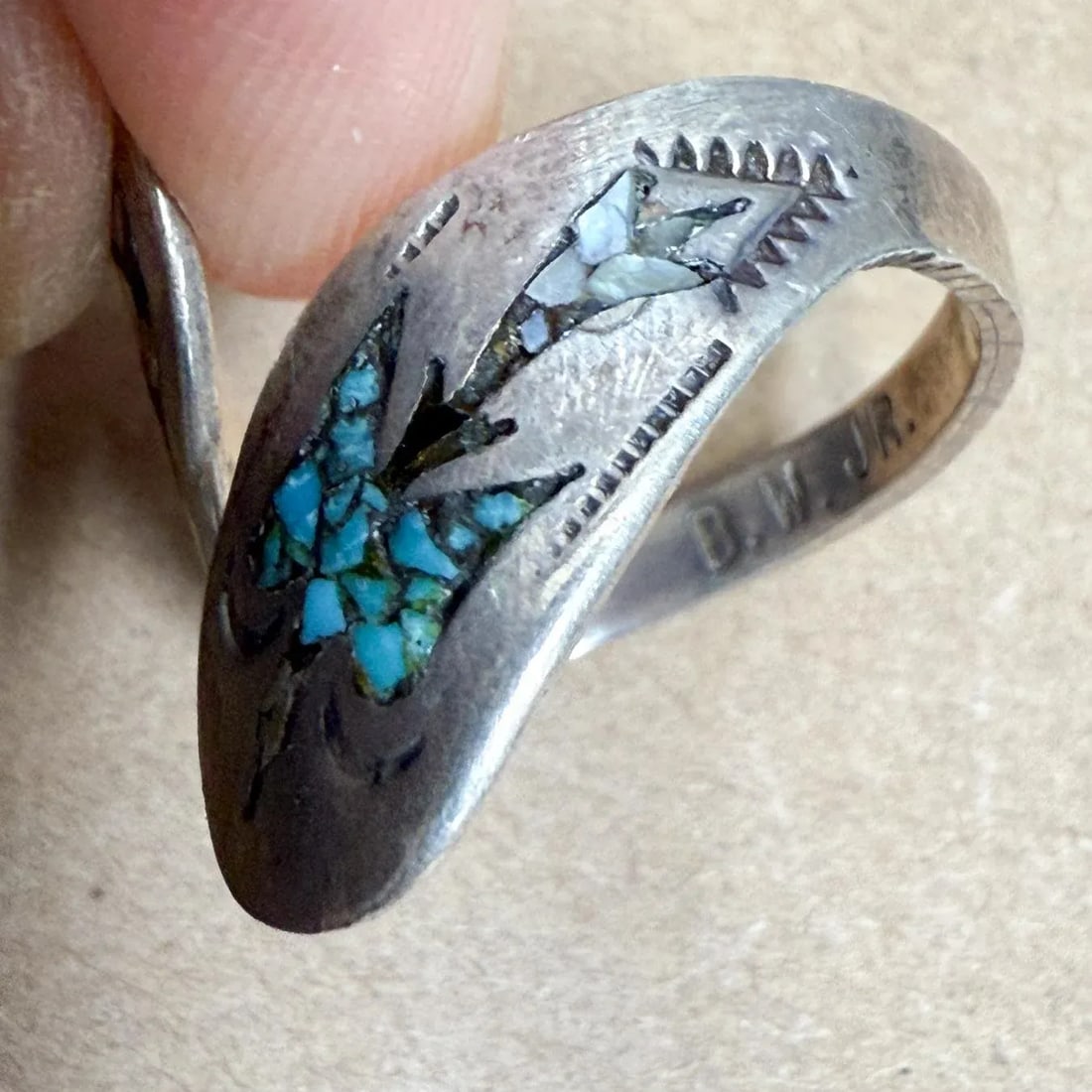 1960s Stone Inlay Silver Wrap Ring Bryant Waatsa Jr Native Zuni - 2