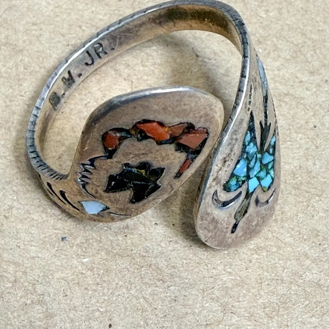1960s Stone Inlay Silver Wrap Ring Bryant Waatsa Jr Native Zuni - 5