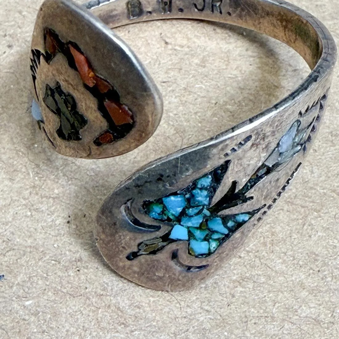 1960s Stone Inlay Silver Wrap Ring Bryant Waatsa Jr Native Zuni - 6
