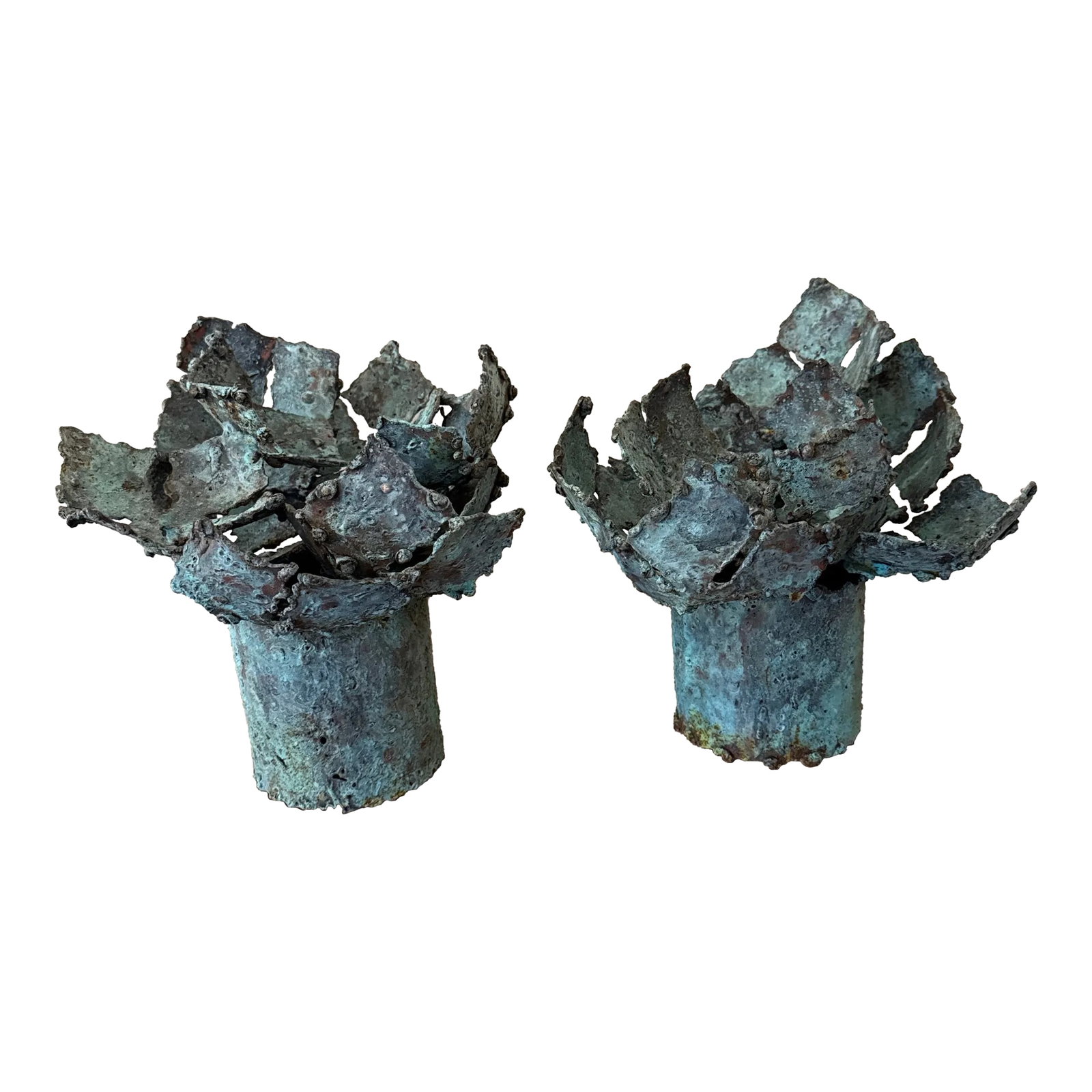 Early 21st Century Bronze Artist Made Brutalist Style Flower Sculpture- A Pair: Beautiful Artist Made Bronze Flower Sculpture that was Made by a local Atlanta artist, nice brass and bronze textured flower sculpture that has an awesome verdigris patina to it! Great size and look