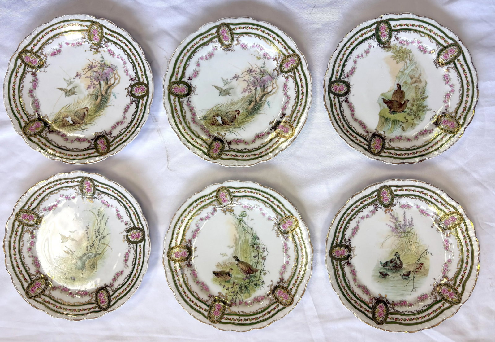 Early 1900's Austrian L. Strauss & Sons Scalloped Edge Porcelain Bird Plates- Set of 6 - 10