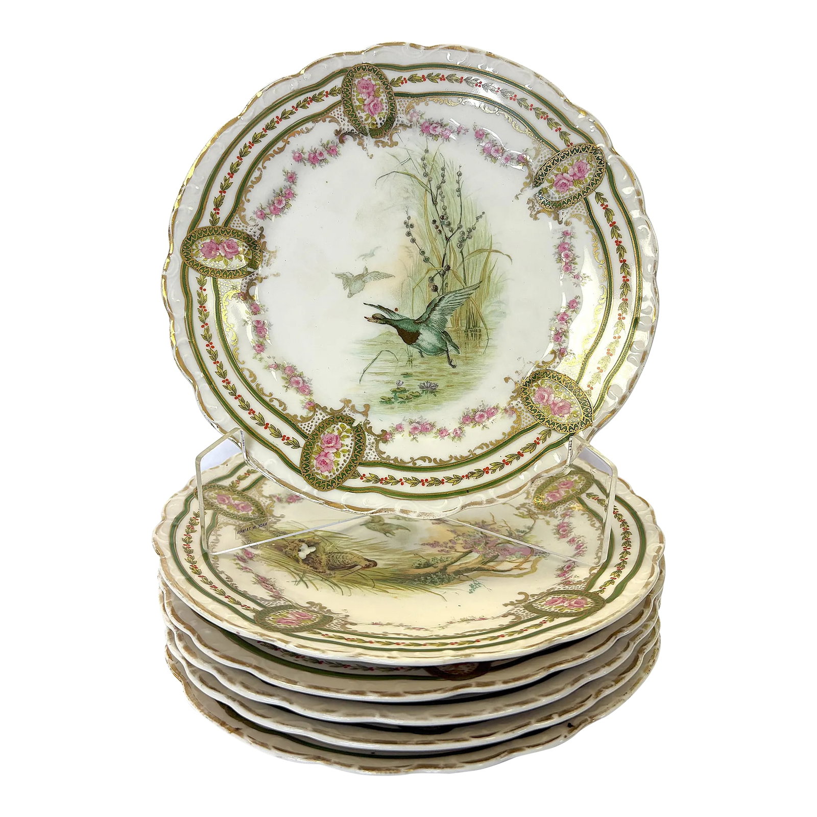 Early 1900's Austrian L. Strauss & Sons Scalloped Edge Porcelain Bird Plates- Set of 6: Pretty set of six antique Austrian L. Strauss & Sons plates from the early 1900's. The are made of porcelain with scalloped edges trimmed with gold paint and depict various delicate bird designs in