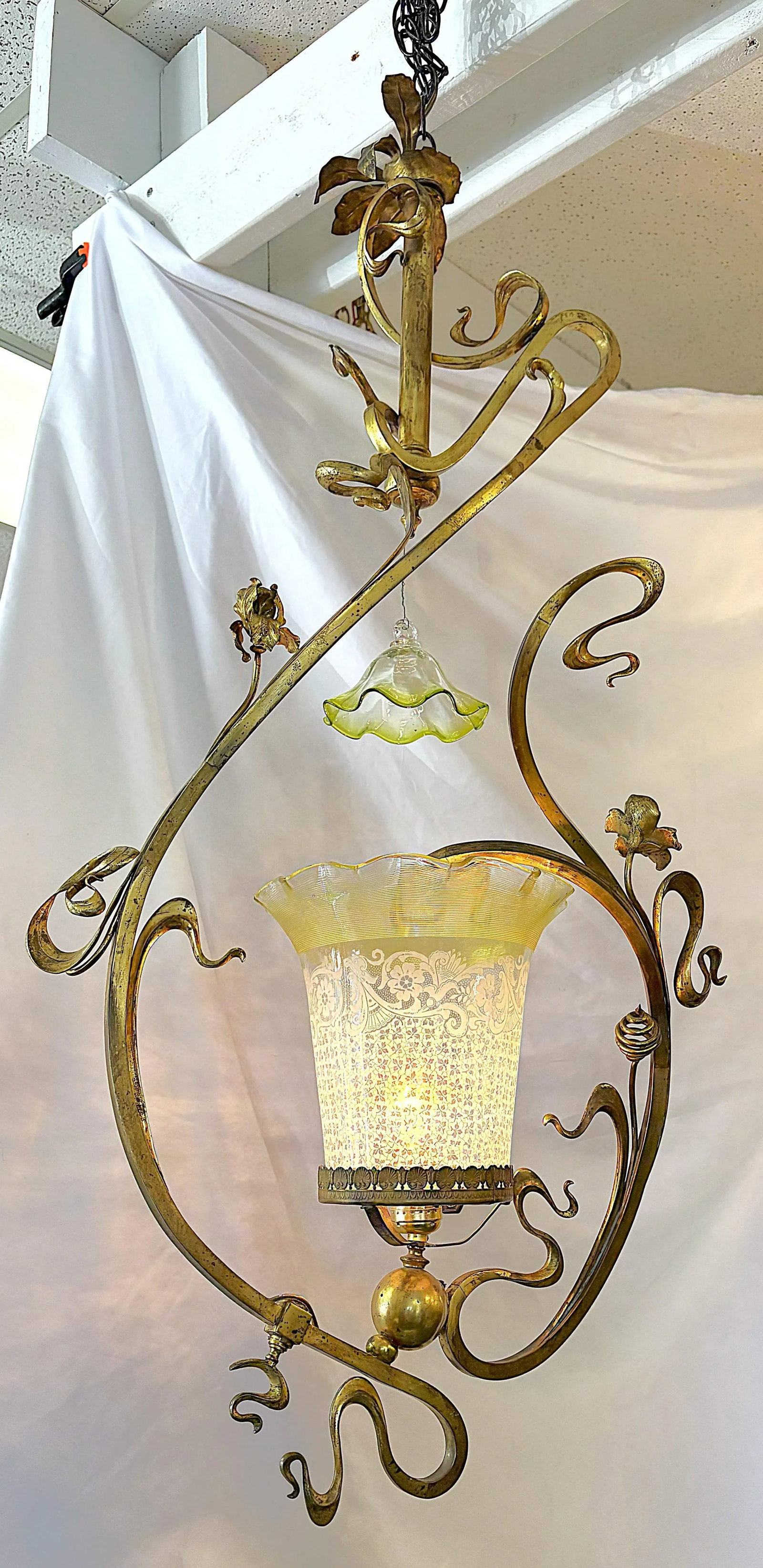 Early 1900's Art Nouveau English Stevens & Williams Gas Chandelier Converted to Electric - 2