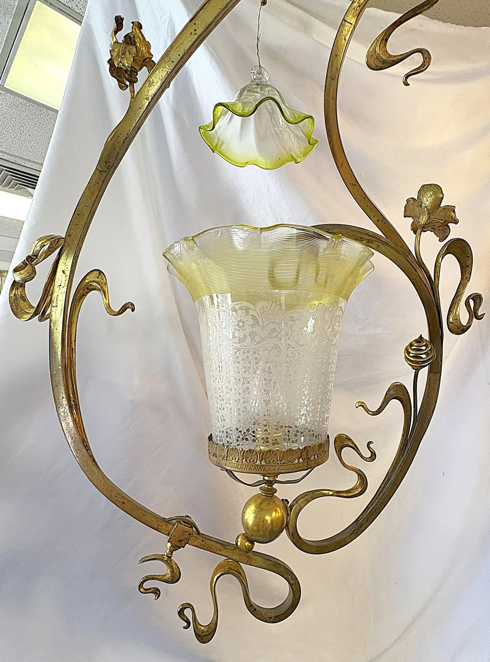 Early 1900's Art Nouveau English Stevens & Williams Gas Chandelier Converted to Electric - 5
