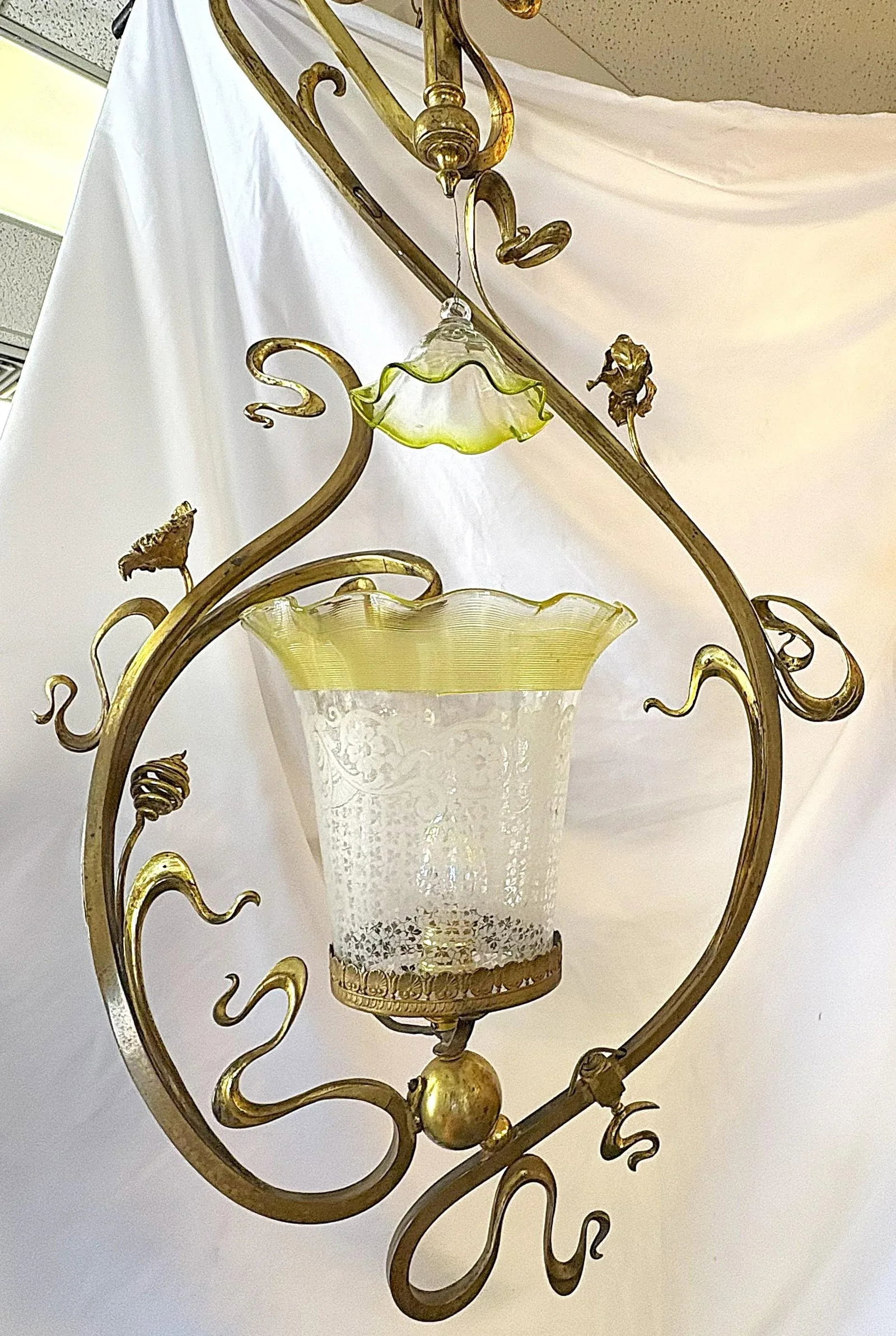 Early 1900's Art Nouveau English Stevens & Williams Gas Chandelier Converted to Electric - 6